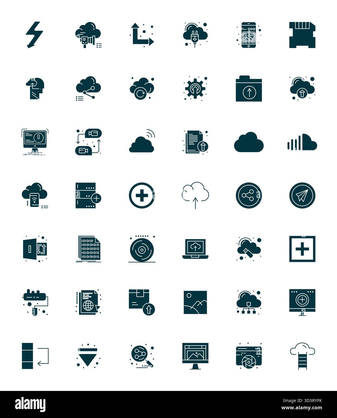 Satz von 42 ausgerichteten Vektorsymbolen mit ausgefüllten Pixeln, die sich um Upload-Elemente drehen, in hoher Auflösung für eine nahtlose Integration in Apps und Websites. Stock Vektor
