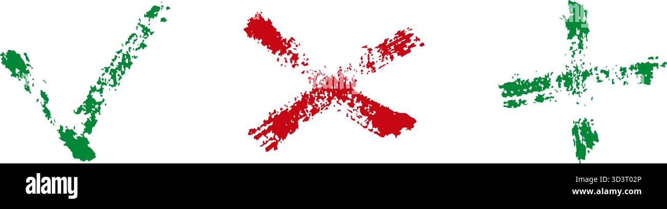 Markieren Sie Marks Doodle. Ja, Nein und Pluszeichen. Handgezeichnete Pinselstriche – Genehmigung, Fehler und Ergänzung – Konzept Silhouette Symbol Collection. Isoliert Stock Vektor