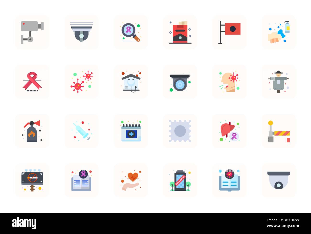 Eine übersichtliche Sammlung von 24 flachen Vektorsymbolen, die die Prävention darstellen, im Retina Ready Grid-Format für moderne Dashboards und Schnittstellen. Stock Vektor