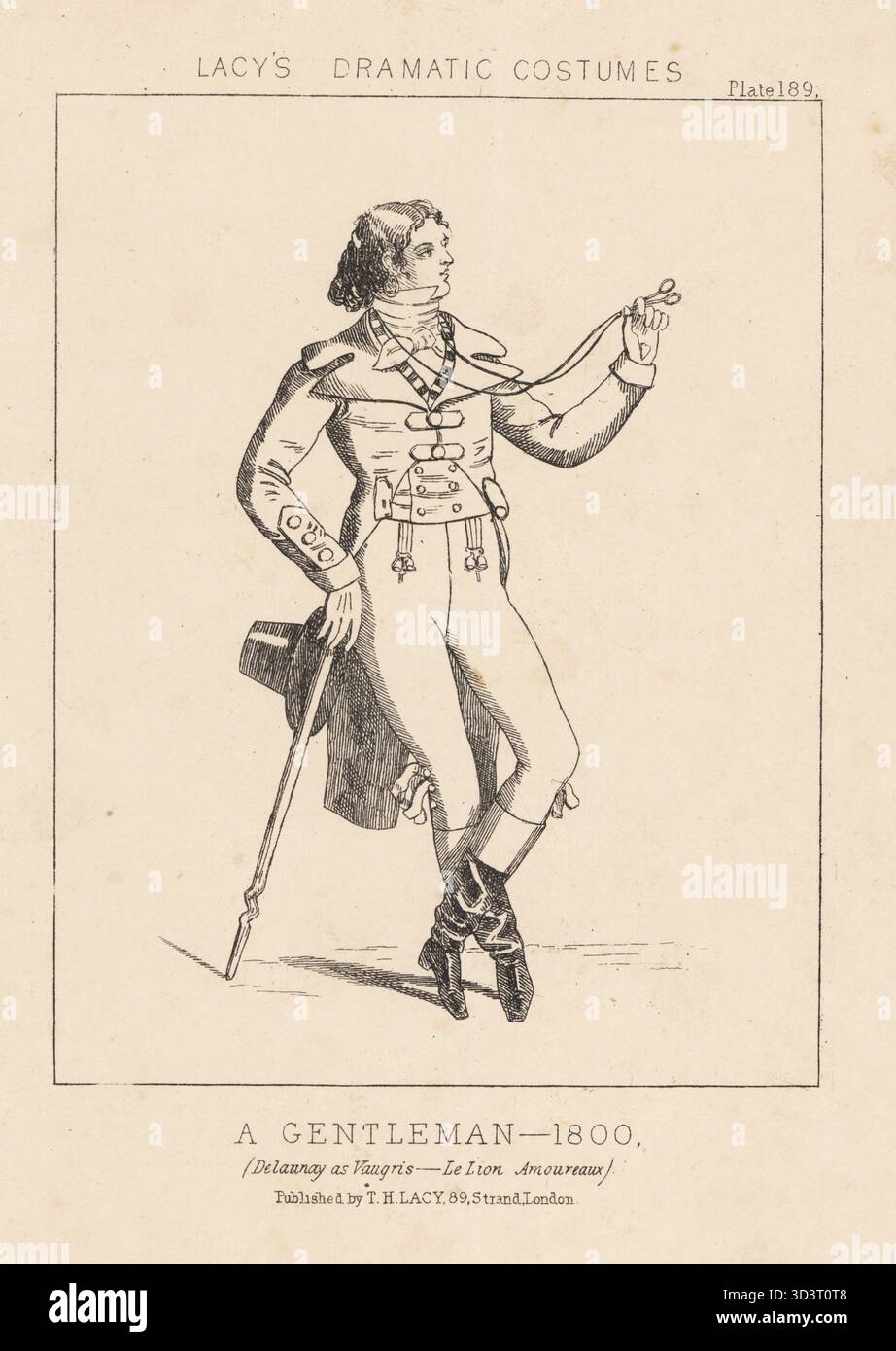 Der französische Schauspieler Louis-Arsène Delaunay als Vaugris in Le Lion Amoureux von Francois Ponsard am Theater Francais, 1866. Im Kostüm eines Gentleman von 1800. FOP in Reitmantel, Krawatte, Reithose, Stiefeln, Lorgnette und Stock. Lithografie aus Thomas Hailes Lacy's männliche Kostüme, Historical, National and Dramatic in 200 Plates, London, 1865. Lacy (1809–1873) war ein britischer Schauspieler, Dramatiker, Theatermanager und Verleger. Stockfoto