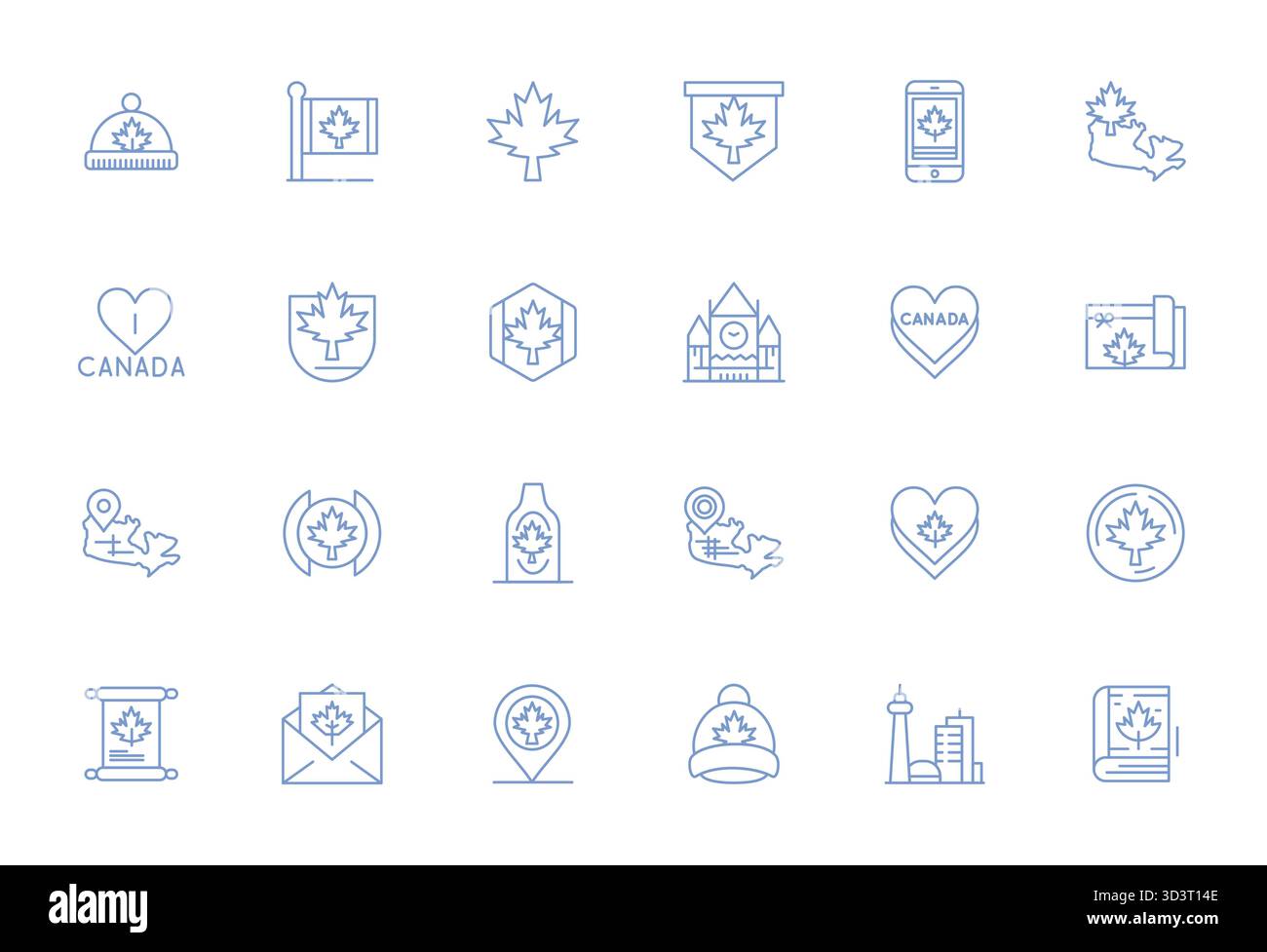 Diese Kollektion bietet 24 PIXEL Perfect Vektorsymbole mit fettgedruckter Linie, die speziell auf das kanadische Thema zugeschnitten sind und im Format 256 x 256 für digitales Design optimiert sind. Stock Vektor