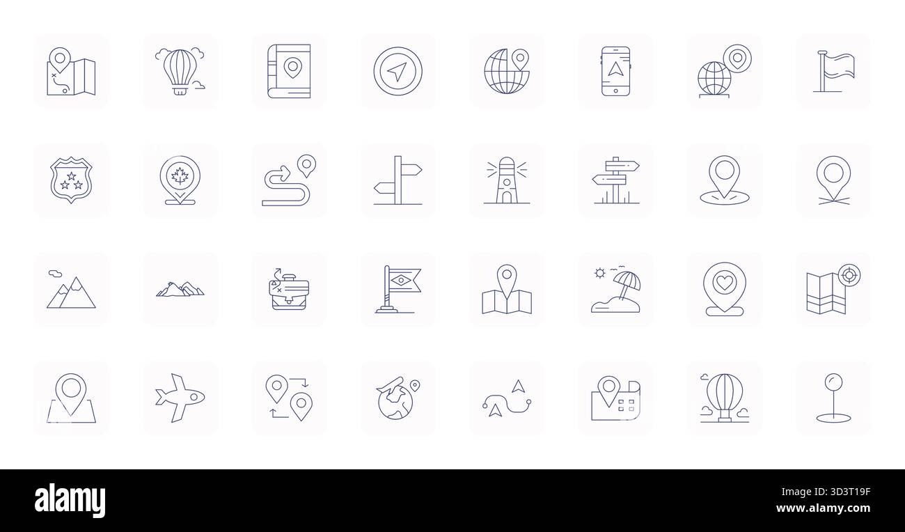 Wunderschön gerenderte 32 dünne Konturdetails verbesserte Vektorsymbole für Destination mit Retina Ready Auflösung für beeindruckende visuelle Konsistenz Stock Vektor