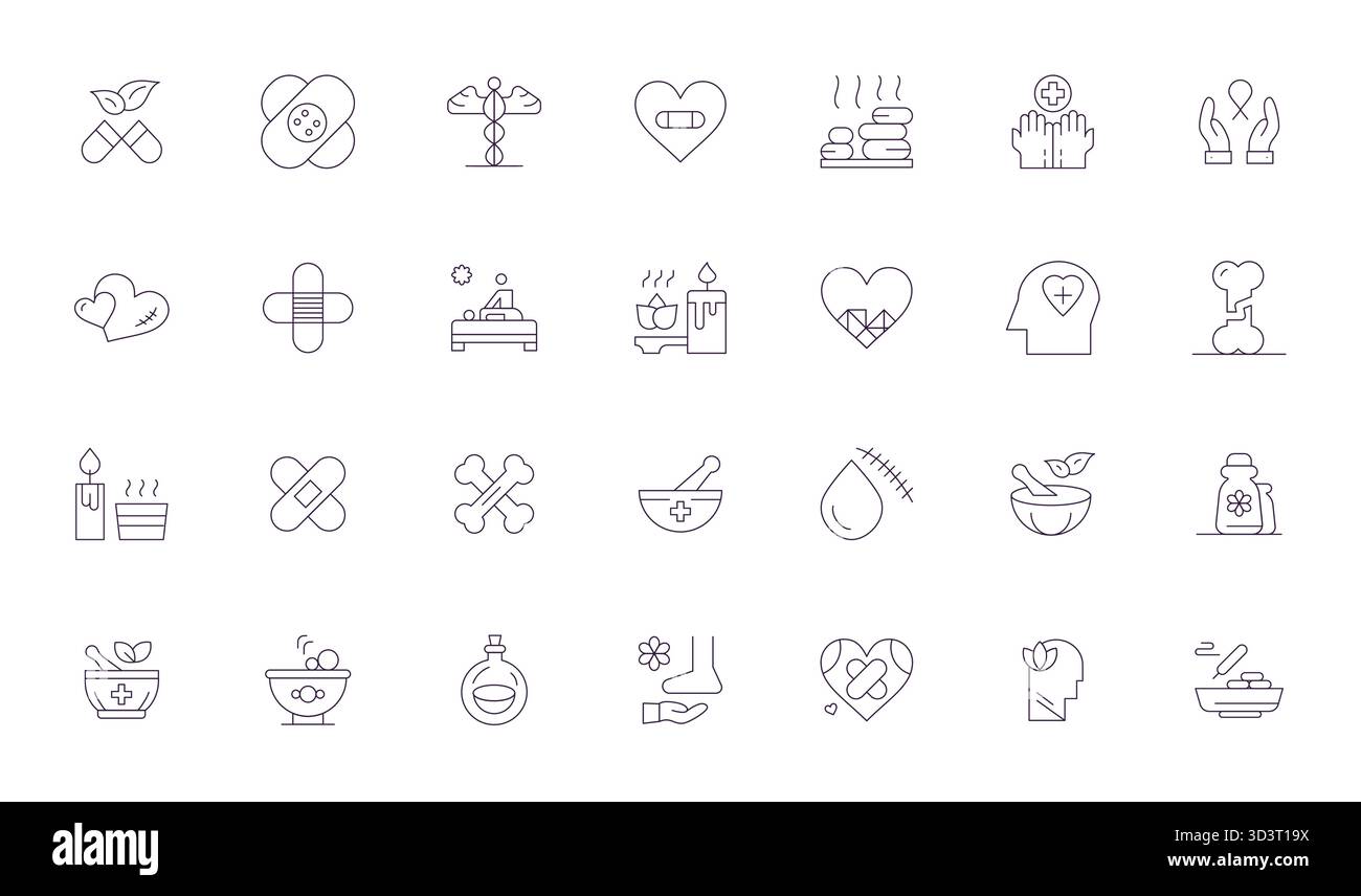 Raffiniertes Paket mit 28 dünnen Vektorsymbolen für die Heilung, optimiert mit 64x64 Pixel ausgerichteter Qualität für elegante und funktionale Designlösungen Stock Vektor