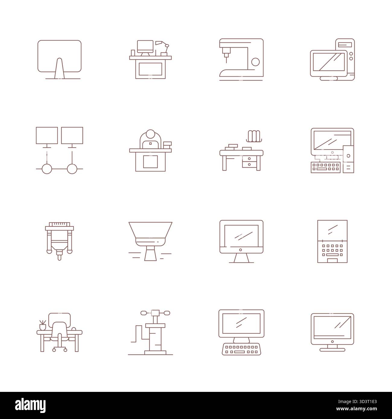 Dieser Satz von 16 Thin Line-Vektorsymbolen erfasst Workstation-Designs in Retina Ready Pixel Aligned-Qualität, perfekt für technische und geschäftliche Anwendungen. Stock Vektor