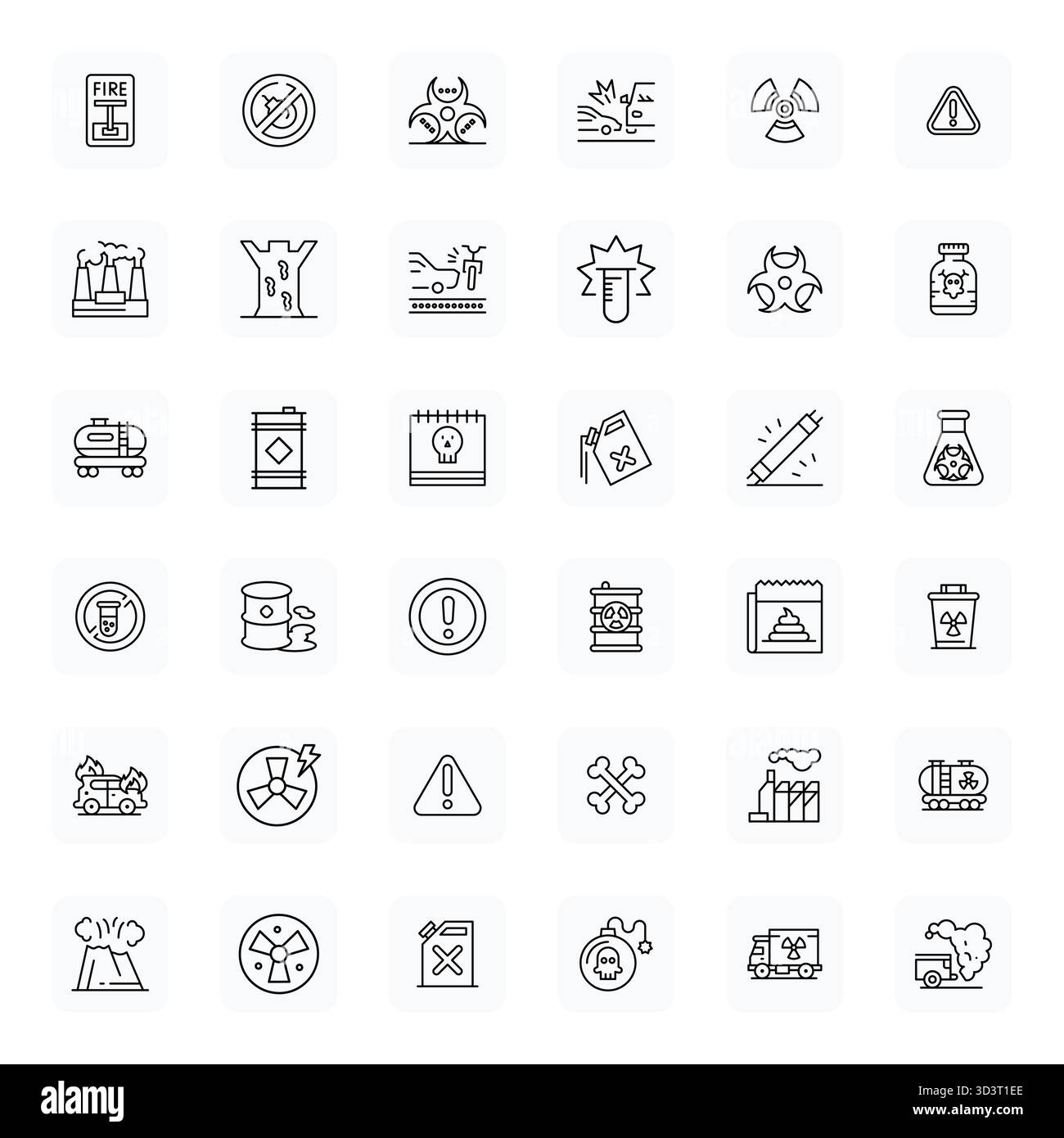 Set aus 36 Regular Bold Outline Grid angepassten Vektorsymbolen, die sich um Hazard drehen, in 64x64-Auflösung für nahtlose Integration in Apps und Webs Stock Vektor