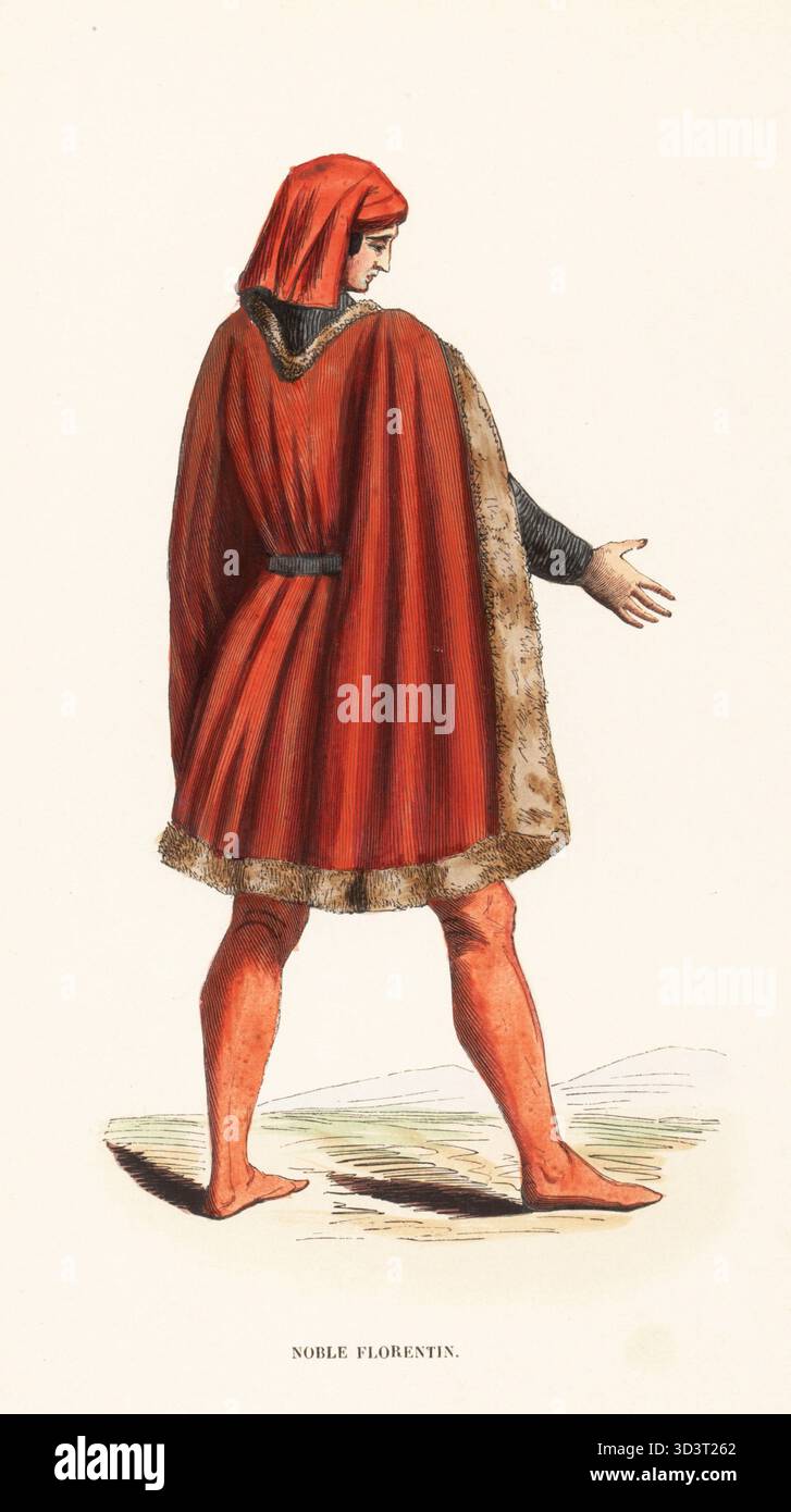 Kostüm eines Adligen aus Florenz, 15. Jahrhundert. Edel in einer scharlachroten Kapuze, Soubreveste mit braunem Fell, schwarzem Samtdublett, scharlachrote Strümpfe. Aus dem Gemälde Triumph von Julius Cäsar von Giovanni di Ser Giovanni (ursprünglich dello Delli zugeschrieben). Edelflorentin, XVe Siecle. Handkolorierter Holzschnitt aus dem Kostüm du Moyen Age, mittelalterliches Kostüm, Librairie Historique-Artistique, Brüssel, 1847. Stockfoto