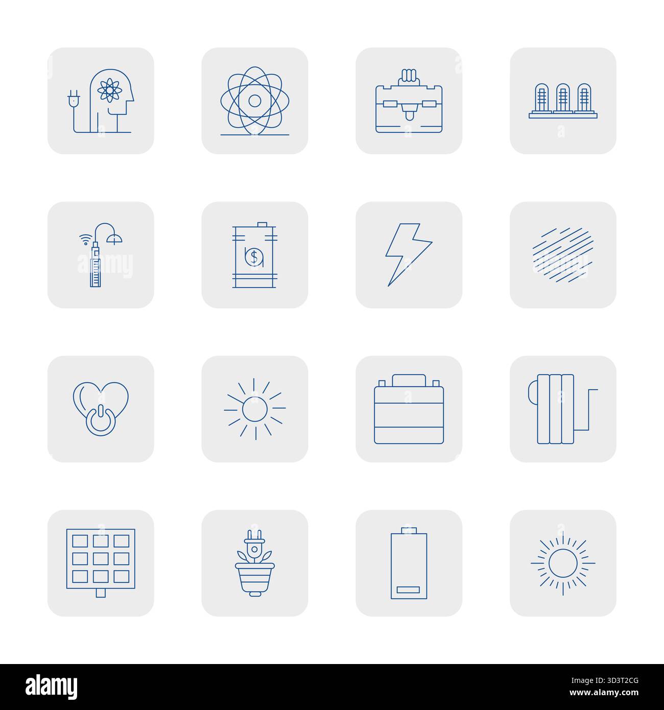 Sorgfältig gefertigte 16 dünne Konturvektorsymbole für Energie, geliefert in 128x128 Display perfekte Qualität für kompromisslose Designstandards. Stock Vektor