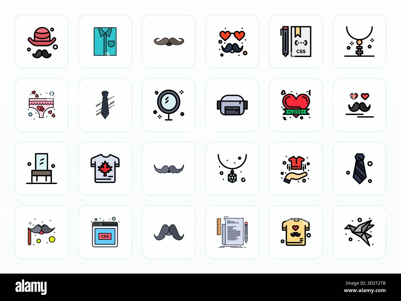 Eine übersichtliche Sammlung von 24 Vektorsymbolen für gefüllte Linien, die Style darstellen, im Format 128x128 Pixel für moderne Dashboards und Schnittstellen. Stock Vektor
