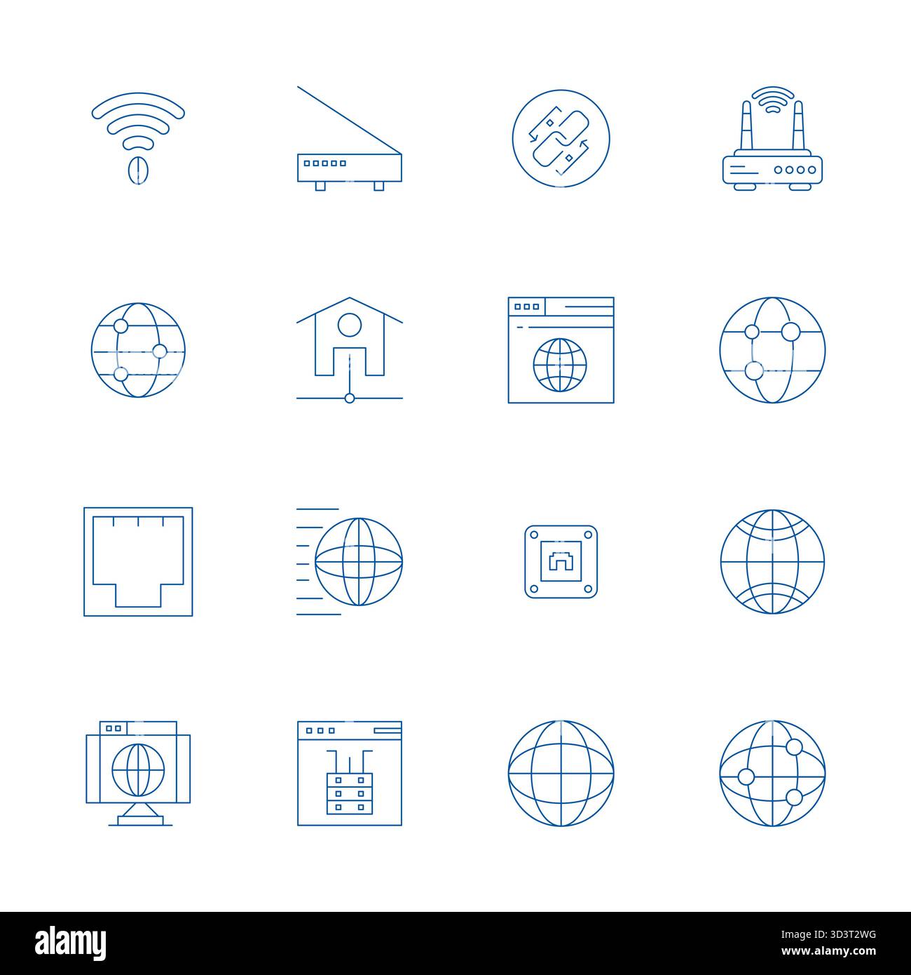 Umfassendes Paket mit 16 Vektorsymbolen im Thin Line-Design für Internetverbindungen in gestochen scharfer Detailqualität (64 x 64). Stock Vektor
