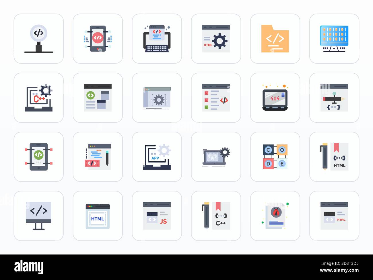 Verwandeln Sie Ihre Designs mit 24 flachen Vektorsymbolen rund um die Codierung, die in einer editierbaren Auflösung von 64x64 für maximale Klarheit entwickelt wurden. Stock Vektor