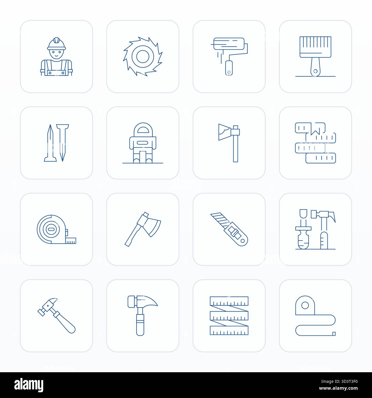 Innovatives Paket mit 16 Vektorsymbolen rund um Carpenter mit Thin Line-Design im Format 128x128 Pixel für moderne digitale Lösungen Stock Vektor