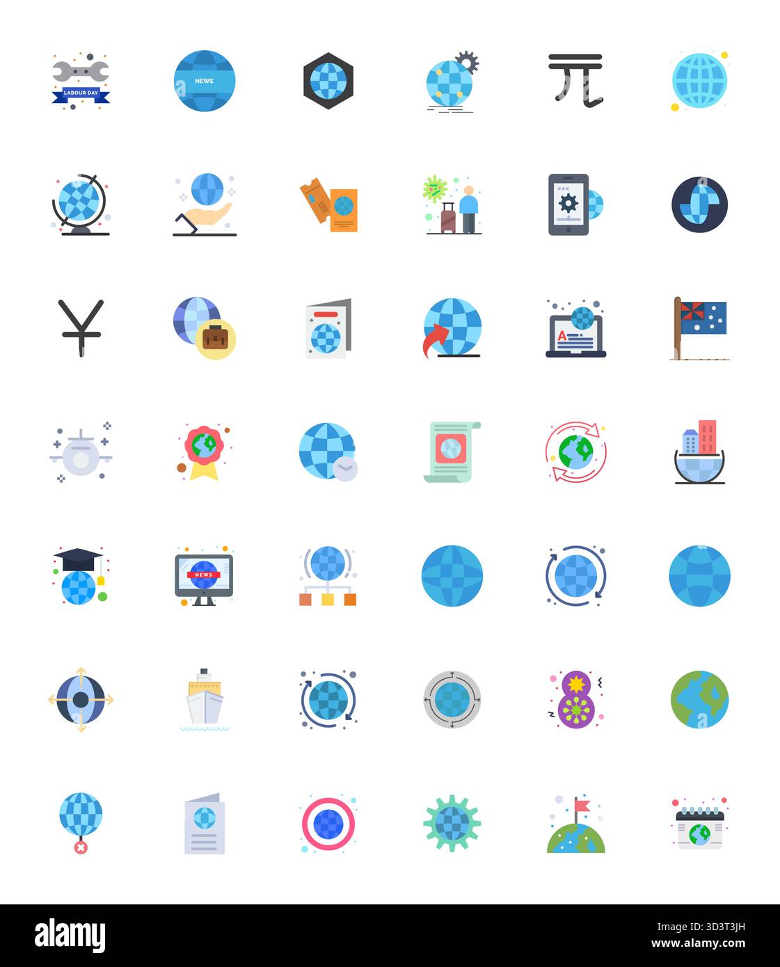 Sammlung von 42 Vektorsymbolen mit Flachraster für International, im Format 128x128 für Klarheit und Vielseitigkeit. Stock Vektor