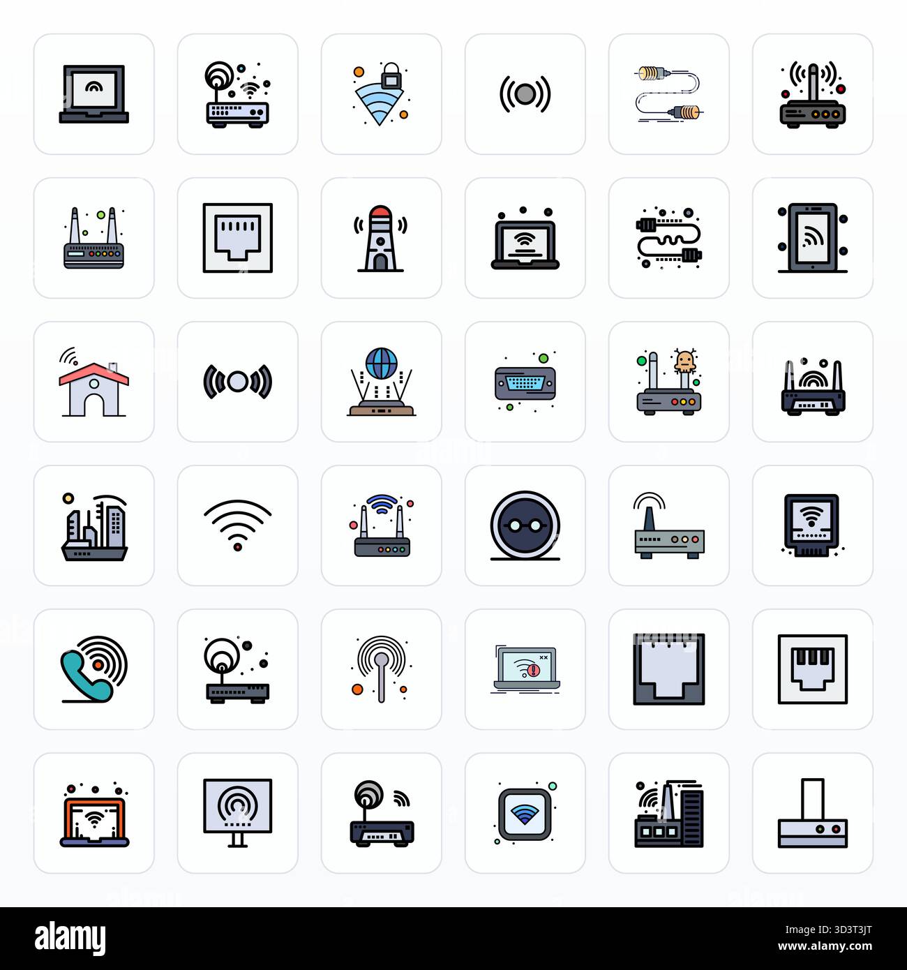 Hochleistungsfähige Sammlung von 36 gefüllten Linien-Vektorsymbolen für Modem, entwickelt mit High Resolution Detail Enhanced Resolution für optimale Benutzerinte Stock Vektor