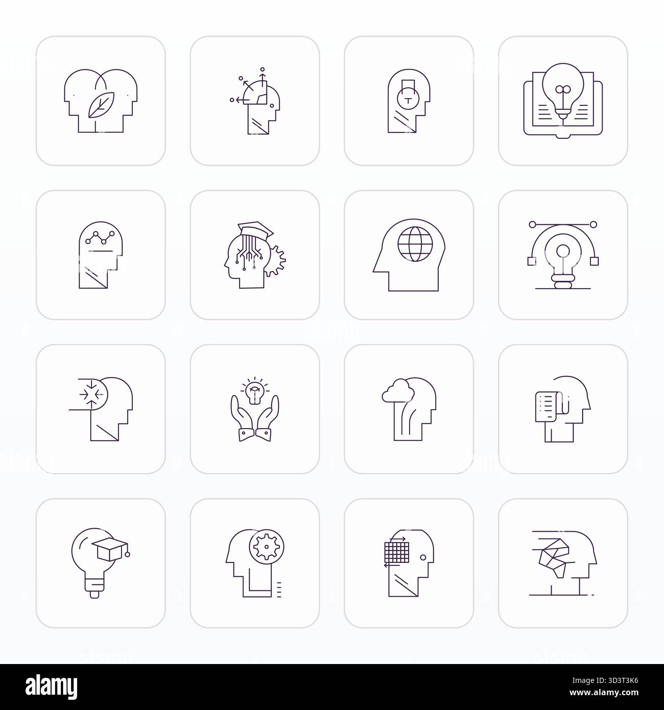 Innovatives Paket mit 16 Vektorsymbolen rund um das Gehirn, das Thin Line Design im Format 64x64 Pixel für moderne digitale Lösungen präsentiert. Stock Vektor
