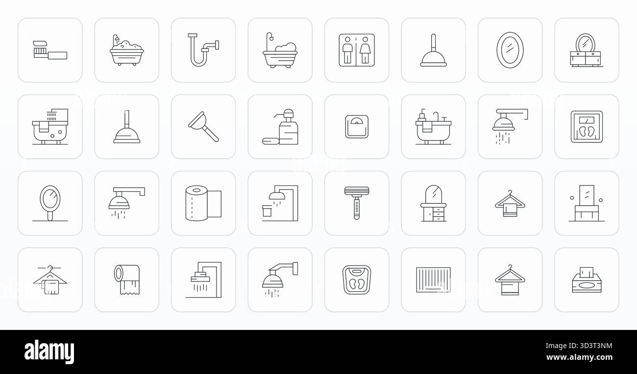 Entdecken Sie 32 dünne Pixel ausgerichtete Vektorsymbole in hochauflösender Auflösung, inspiriert vom Badezimmer. Perfekt für Web- und App-Schnittstellen. Stock Vektor