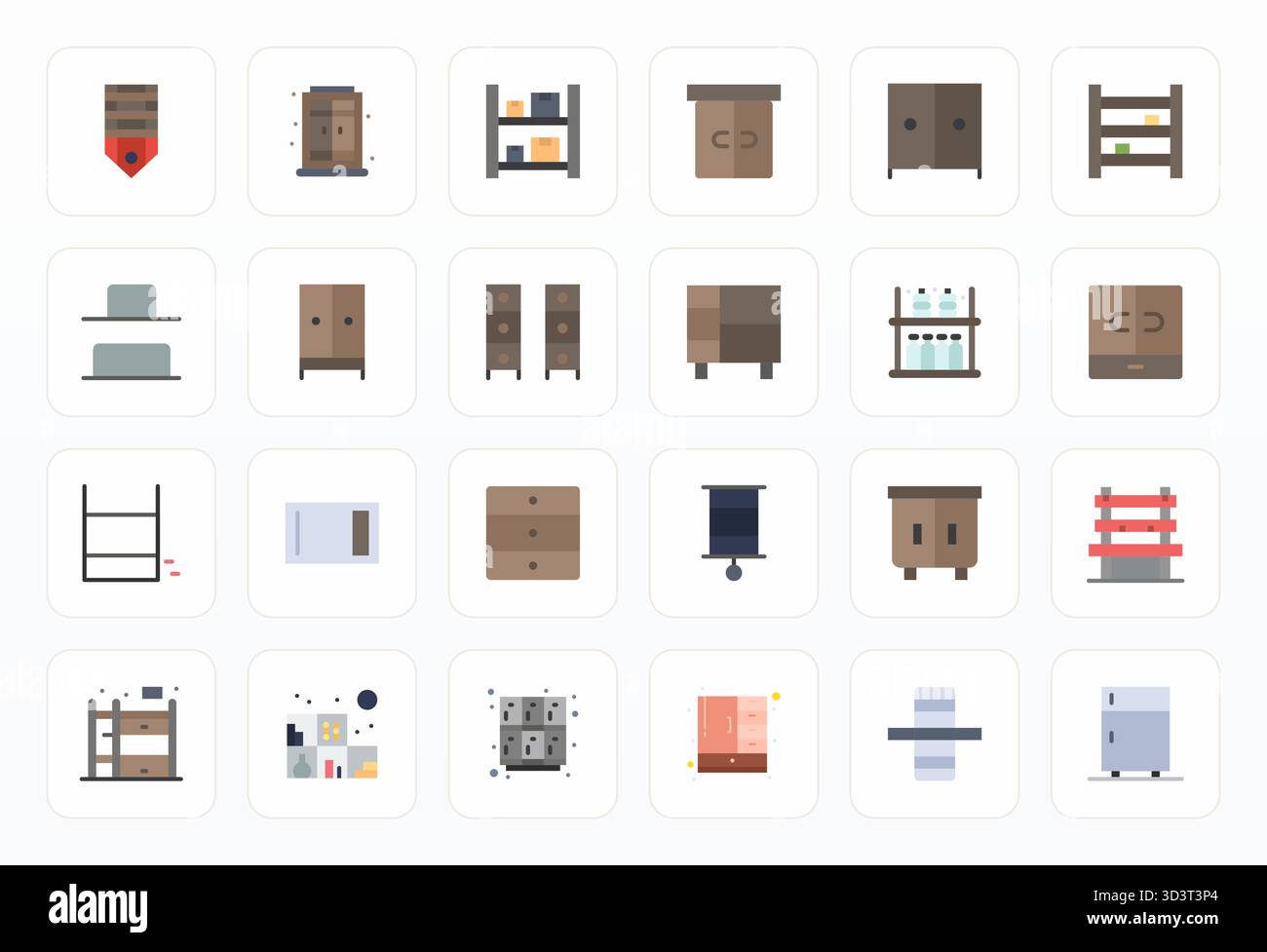 Raffiniertes Paket mit 24 flachen Vektorsymbolen für Regale, optimiert mit 128x128 bearbeitbarer Qualität für elegante und funktionale Designlösungen. Stock Vektor