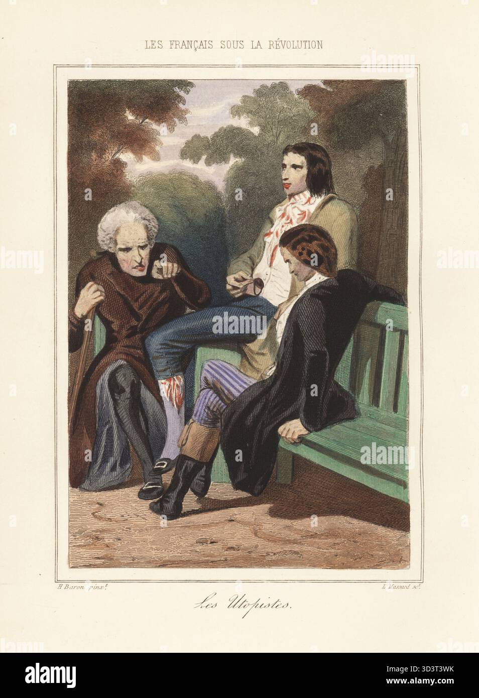 Utopianer reden auf einer Parkbank, Paris, 1792. Ein alter Mann mit Stock spricht mit zwei jungen Männern in Reitmänteln und Stiefeln. Vielleicht ist einer der jakobinische Anführer und Erzengel des Terrors, Louis Antoine de Saint-Just Les Utopistes. Handkolorierter Stahlstich von Leopold Massard nach einer Illustration von Henri Baron aus Augustin Challamel und Wilhelm Tenint's Les Francais sous la Revolution, die Franzosen unter der Revolution, Challamel, Paris, 1843. Stockfoto