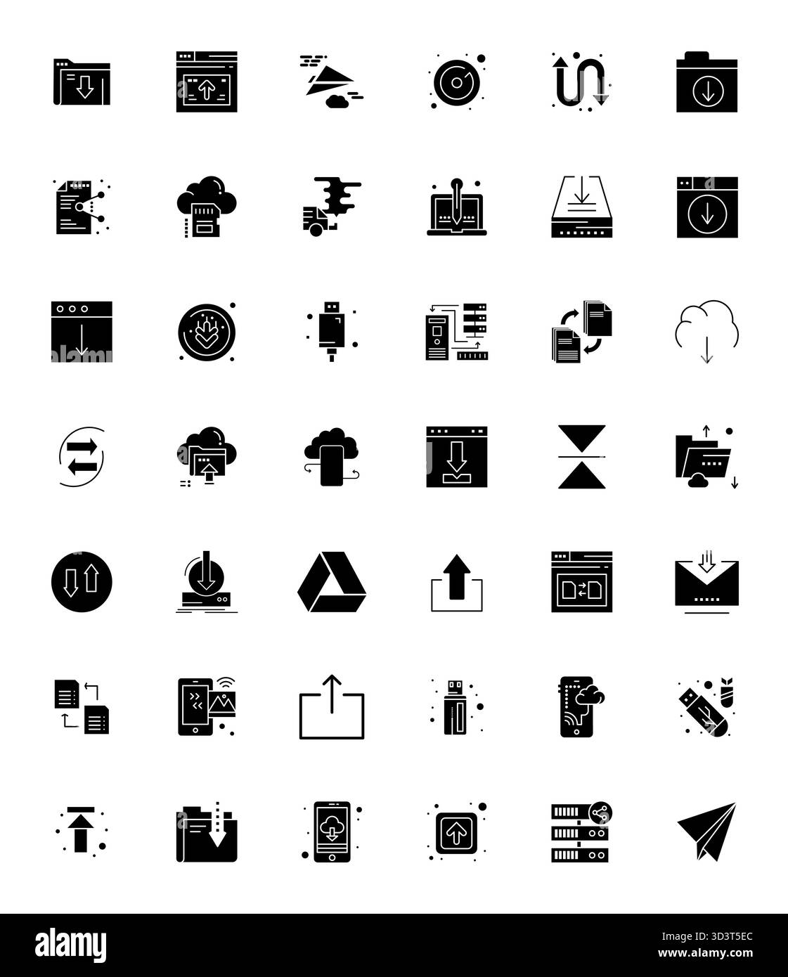 Unverzichtbares Paket mit 42 PIXEL Perfect Vektor-Symbolen für Dateiübertragung im gefüllten Format, Größe 64x64 für optimale Leistung und Skalierbarkeit. Stock Vektor
