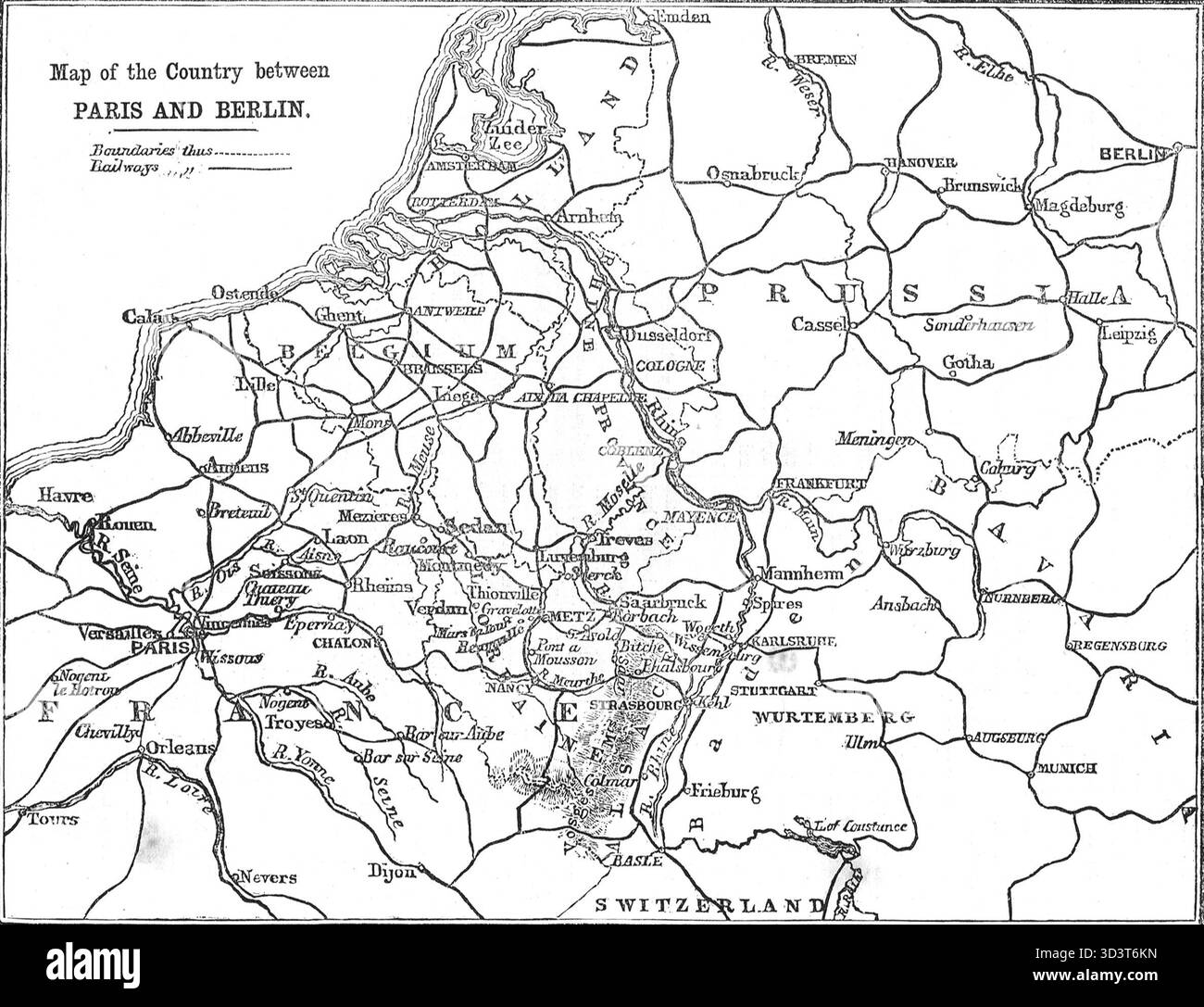 Landkarte des Landes zwischen Paris und Berlin zur Zeit des Deutsch-Französischen Krieges, in der bundesstaaten wie Preußen und Bayern später unter dem deutschen Reich vereinigt wurden, das durch den Sieg über Frankreich eingeläutet wurde. Stockfoto