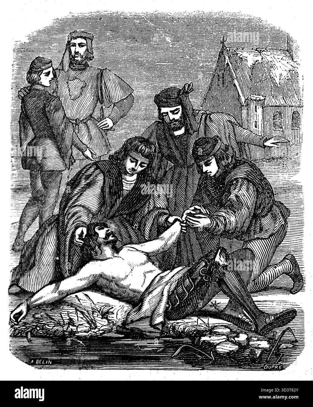 Ende der unabhängigen burgundischen Macht. Tod und Entdeckung der Leiche von Karl dem Kühnen (1433–1477) Herzog von Burgund nach der Schlacht von Nancy, Januar 1477. Stich, 19. Jahrhundert. Stockfoto