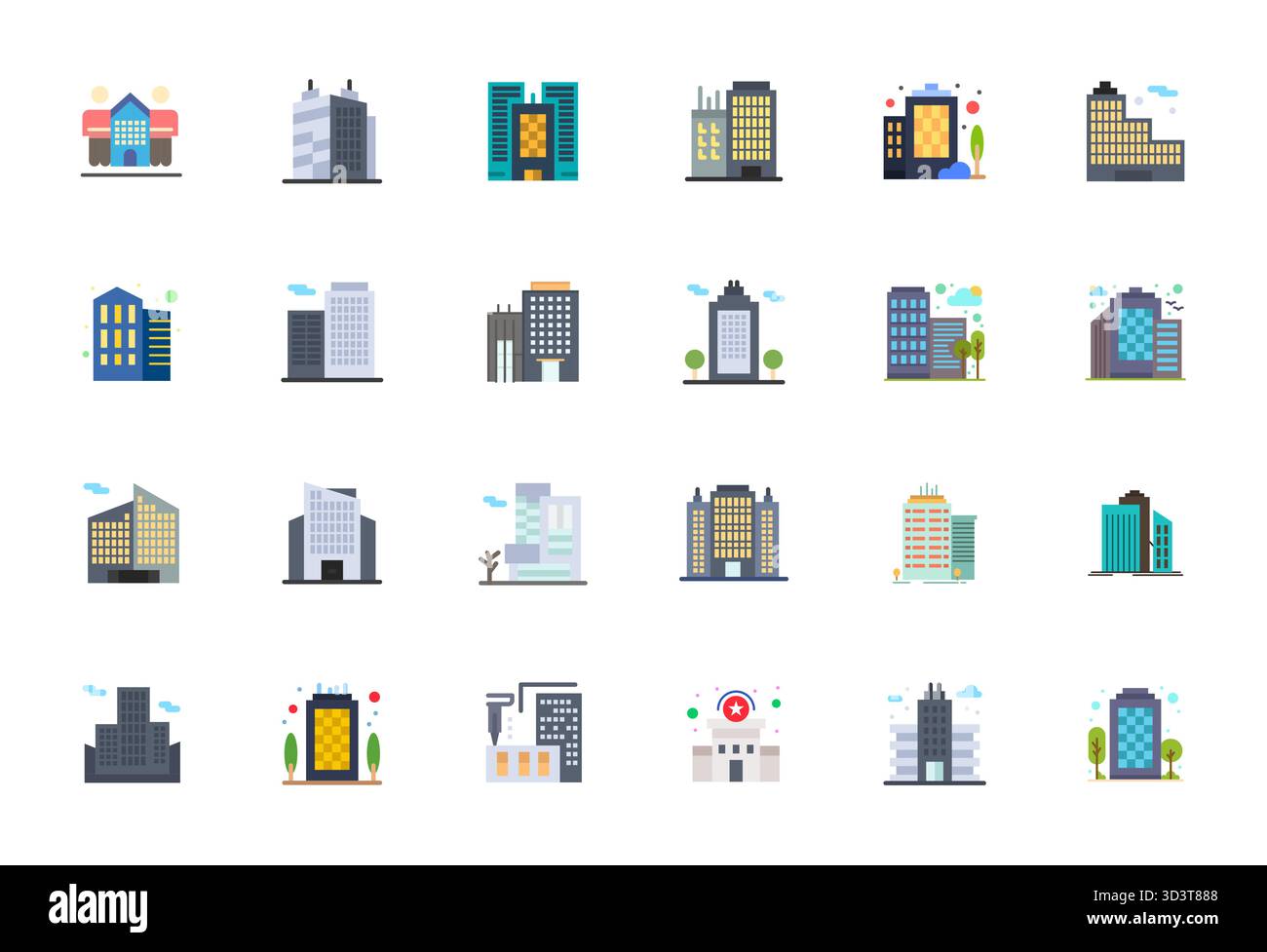 Raffiniertes Paket mit 24 flachen Vektorsymbolen für Bürogebäude, optimiert mit 64x64 bearbeitbarer Qualität für elegante und funktionale Designlösungen. Stock Vektor