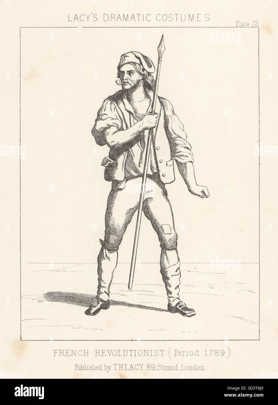 Kostüm eines französischen Revolutionärs oder Sans-Culottes. In Mütze mit Trikolore-Cockade, Jacke, aufgesetzte Hosen und Gamaschen, Schnallenschuhe, bewaffnet mit einer Lanze. Französischer Revolutionär, Periode 1789. Lithografie aus Thomas Hailes Lacy's männliche Kostüme, Historical, National and Dramatic in 200 Plates, London, 1865. Lacy (1809–1873) war ein britischer Schauspieler, Dramatiker, Theatermanager und Verleger. Stockfoto