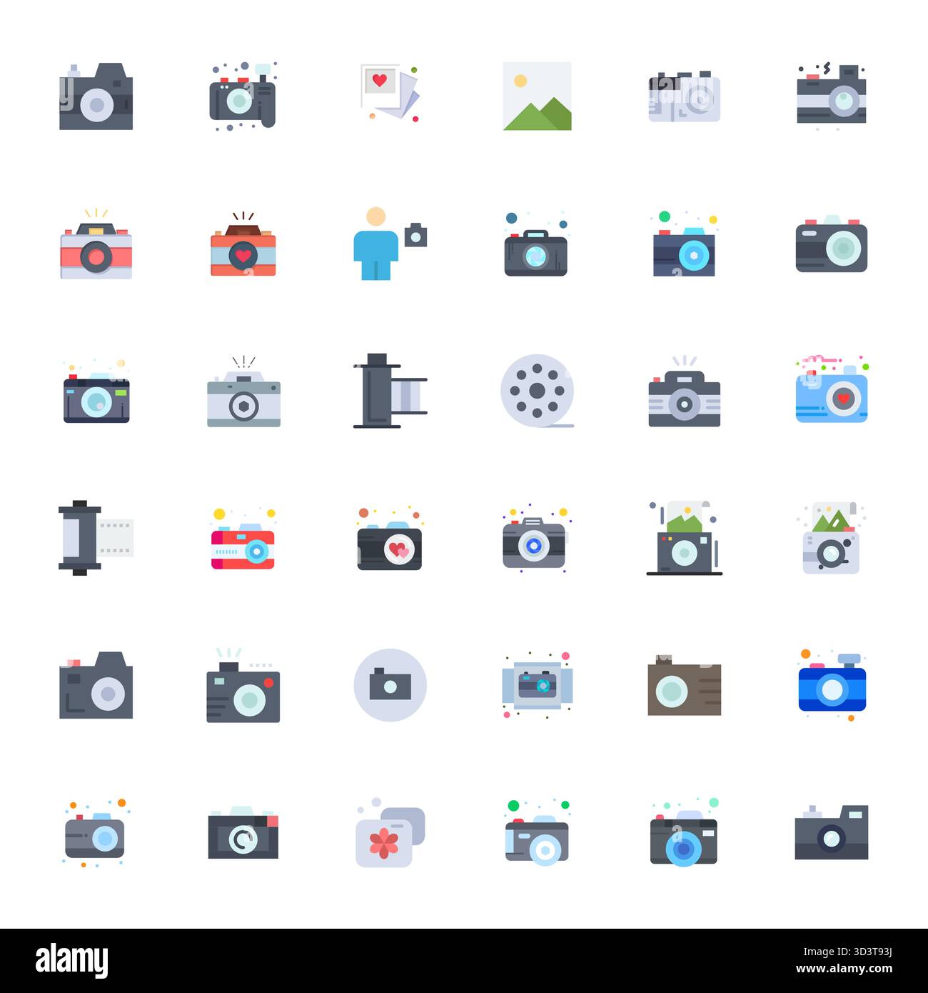 Entdecken Sie eine Reihe von 36 flachen Vektorsymbolen, die speziell für das Design „Snapshot“ entwickelt wurden, mit hochauflösenden, detaillierten Designs, die sich ideal für moderne UI/UX-Projekte eignen Stock Vektor