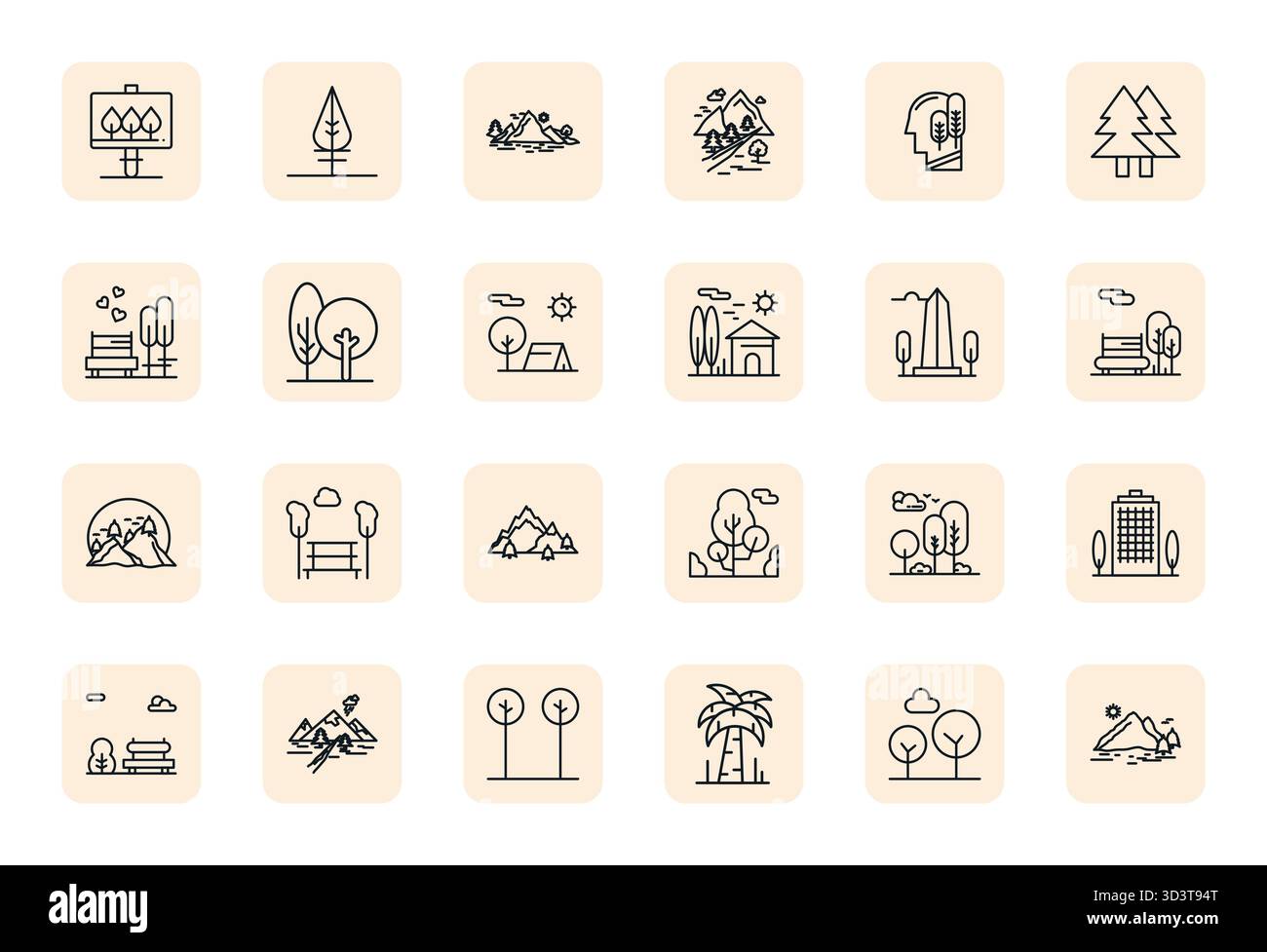 Zeitgenössische Sammlung von 24 Vektorsymbolen, die Bäume in der Ästhetik von Regular Bold Outline darstellen, mit 128x128 Pixel ausgerichteter Auflösung für Moderne Stock Vektor