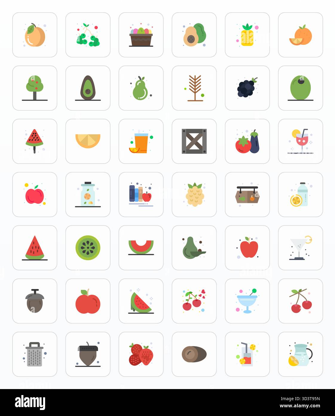 Innovatives Paket mit 42 Vektorsymbolen rund um Frucht, das flache Design in hochauflösendem, Pixel optimiertem Format für moderne digitale Lösungen präsentiert. Stock Vektor