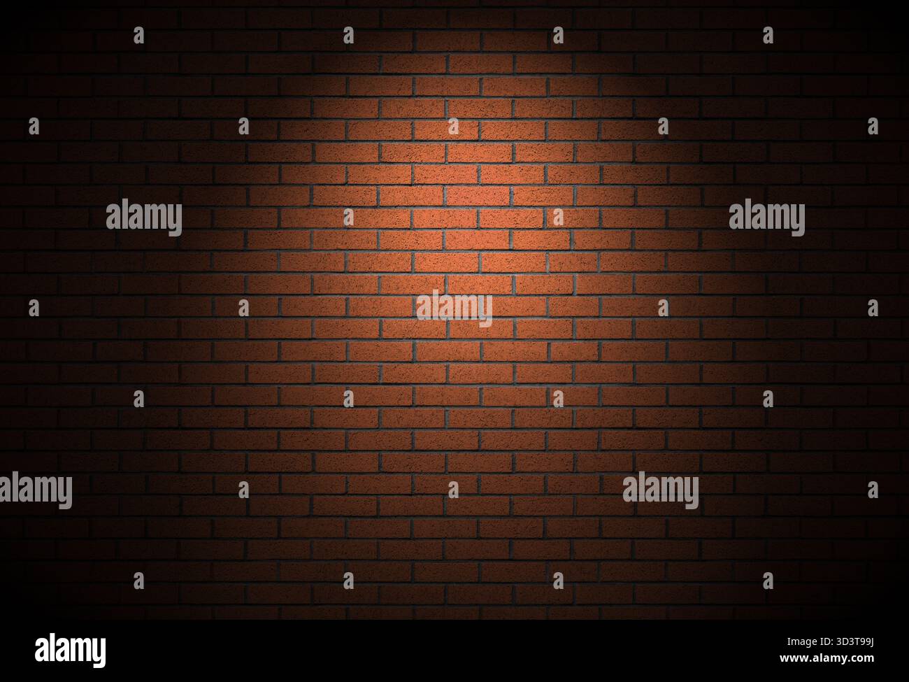 Nächtliche Backsteinwand Hintergrund dunkle Gasse Textur. Dramatische Atmosphäre mit Spotlight auf leere Gebäude echte Kulisse. Ziegelsteine aus laufendem Verbund Stockfoto