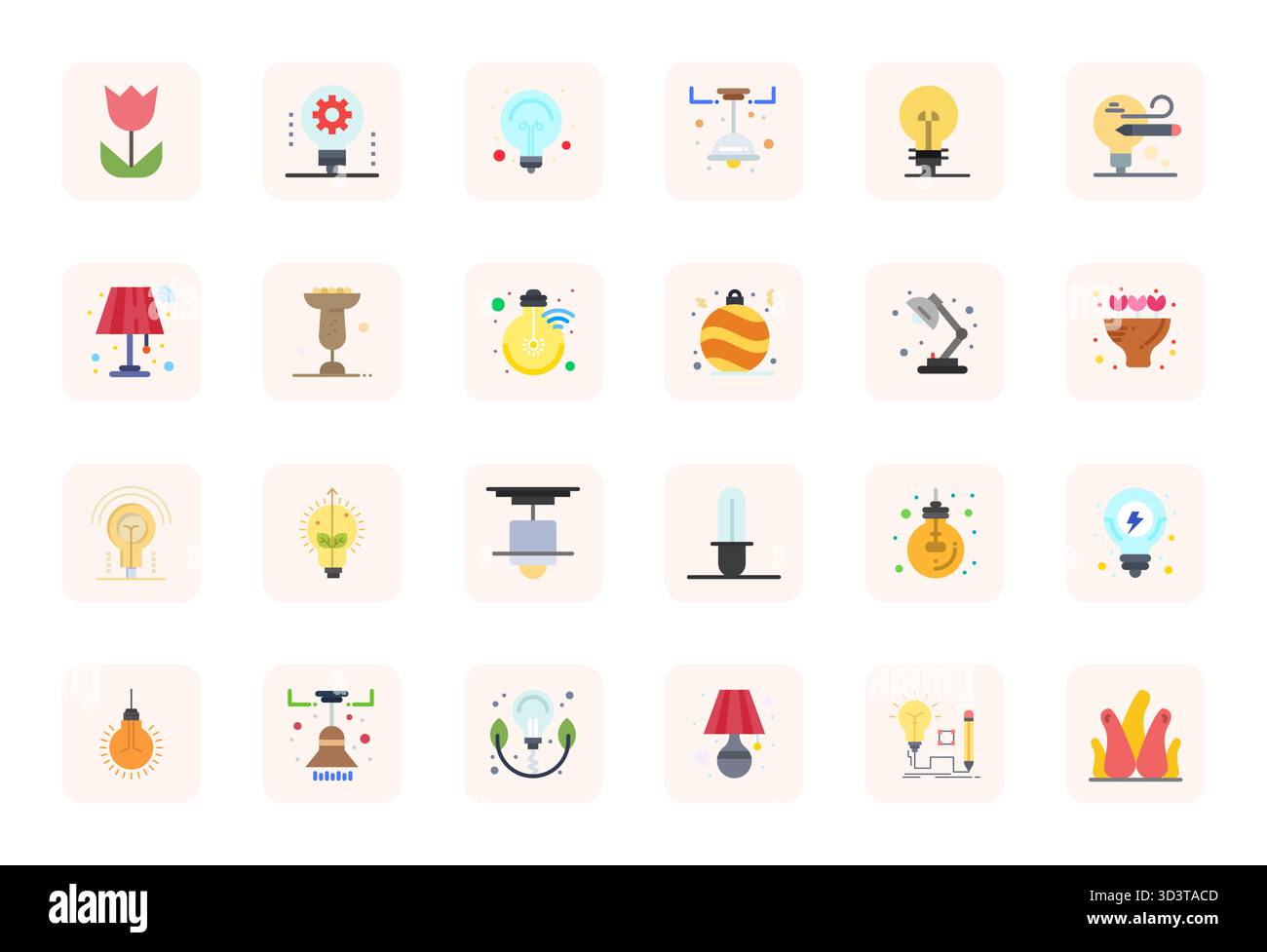 Innovatives Paket mit 24 Vektorsymbolen rund um die Birne, das flache Design im Format 64x64 Pixel für moderne digitale Lösungen präsentiert. Stock Vektor