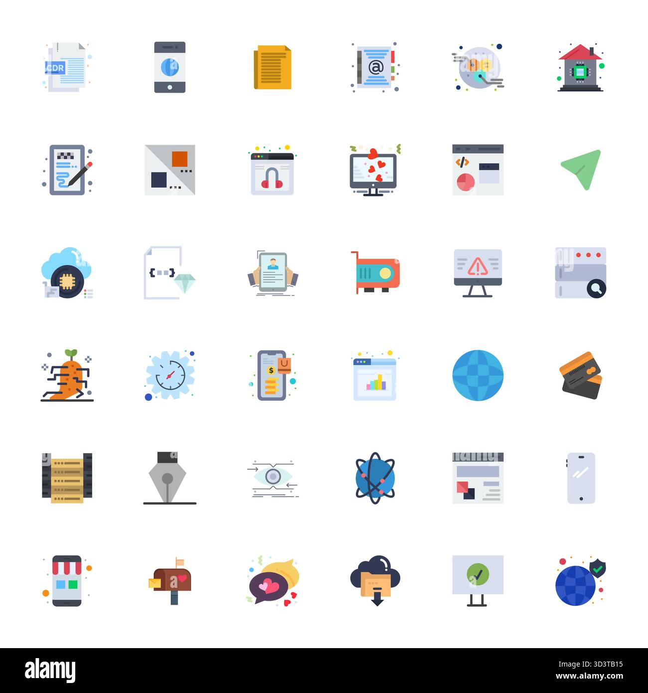 Diese Kollektion enthält 36 erweiterte Vektorsymbole mit flachen Details, die speziell auf das digitale Design zugeschnitten sind und im Format 64x64 für digitales Design optimiert sind. Stock Vektor