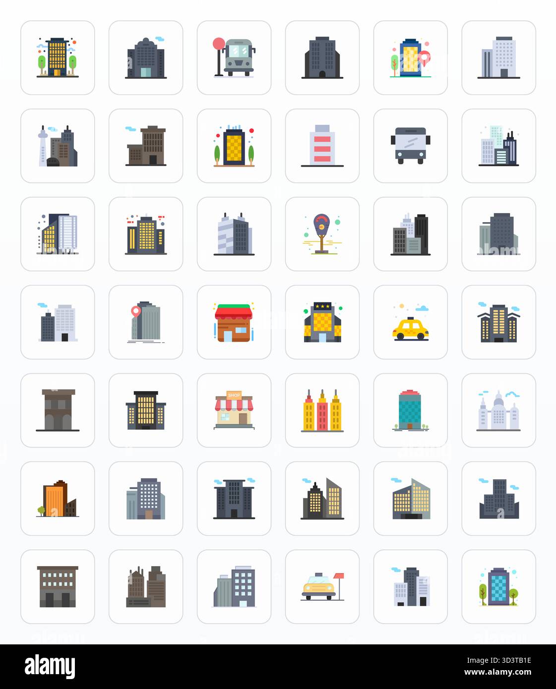 Raffiniertes Paket mit 42 flachen Vektorsymbolen für Downtown, optimiert mit 64x64 bearbeitbarer Qualität für elegante und funktionale Designlösungen. Stock Vektor