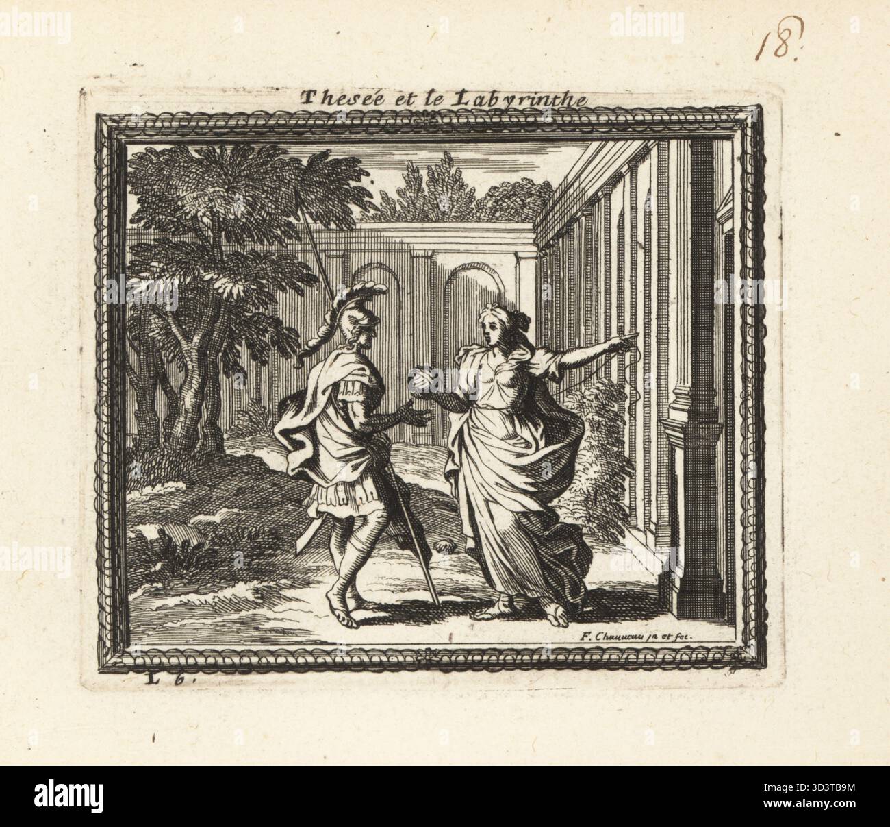 Theseus und Ariadne am Eingang zum Labyrinth. Prinzessin von Kreta, Tochter von König Minos, überreicht Ariadne Theseus einen Faden, um dem Labyrinth zu entkommen. Der athenische Prinz Theseus betrat das Labyrinth und tötete den Minotauren. Thesee et le Labyrinthe. Kupferstich von Francois Chauveau aus Metamorphoses d'Ovide en Rondeaux, Ovid's Metamorphoses, chez Audran, Paris, 1676. Stockfoto