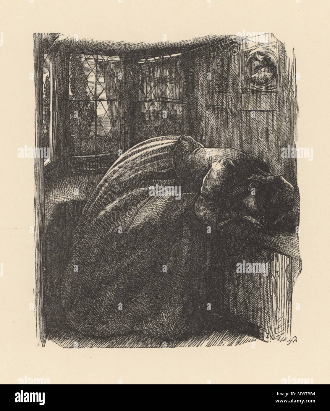 Viktorianische Frau weint in einem Fenstersitz. Mariana oder "Ich bin aweary, aweary". Illustration aus Alfred Lord Tennysons Gedichten, herausgegeben von Moxon, 1857. Holzschnitt der Brüder Dalziel nach einer Illustration des präraffaelistischen Künstlers John Everett Millais aus Millais’ Illustrations, A Collection of drawings on Wood, Alexander Strahan, London, 1866. Stockfoto