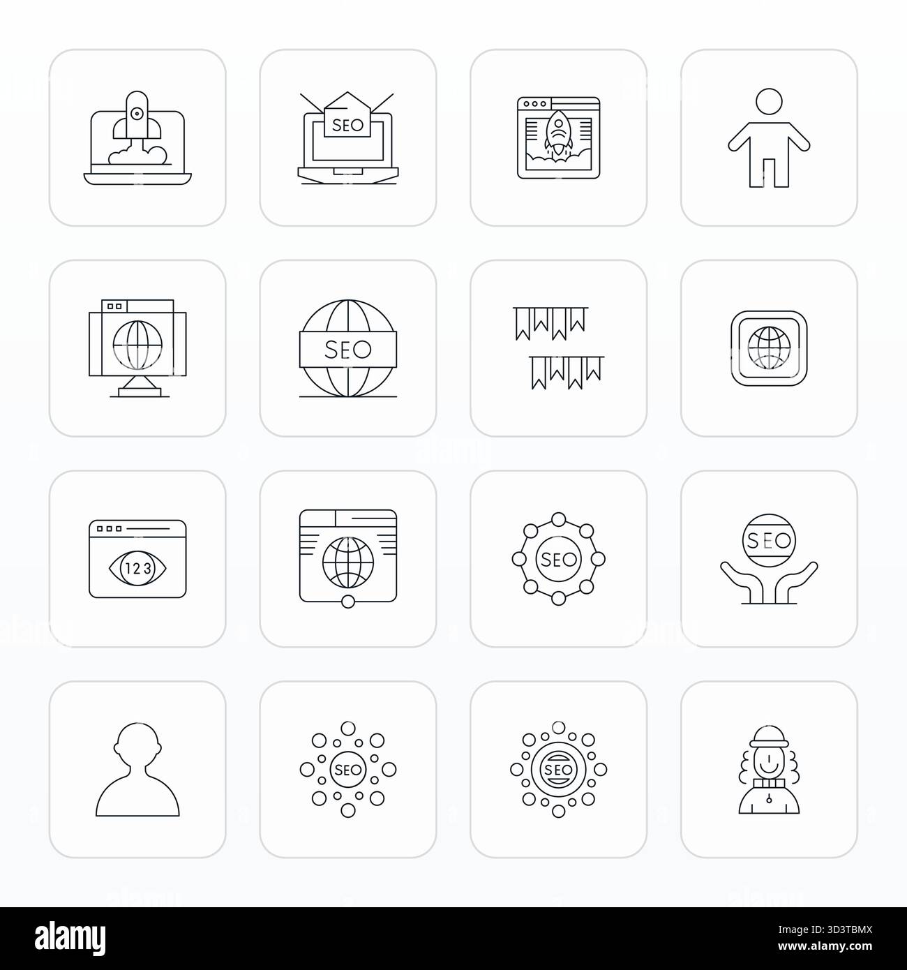 Zukunftsweisendes Paket mit 16 Vektorsymbolen rund um die Online-Präsenz mit Thin Line Design und Retina Ready bearbeitbarer Klarheit für innovative Benutzer Stock Vektor