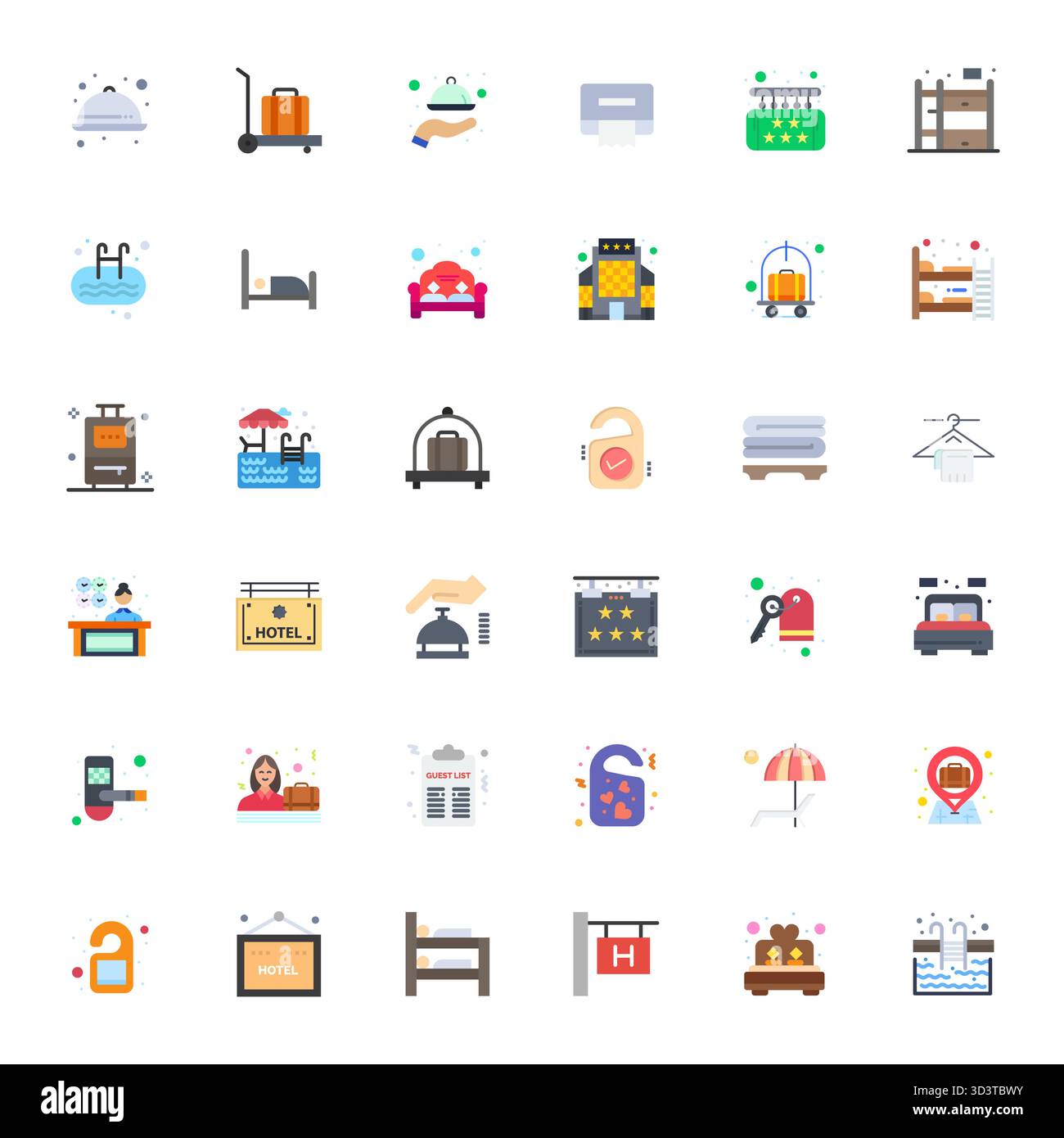 Vektorpaket mit 36 Symbolen mit flachem Gitter, inspiriert vom Hotel, geliefert in Retina ready Auflösung, ideal für skalierbare und kreative Designarbeiten. Stock Vektor