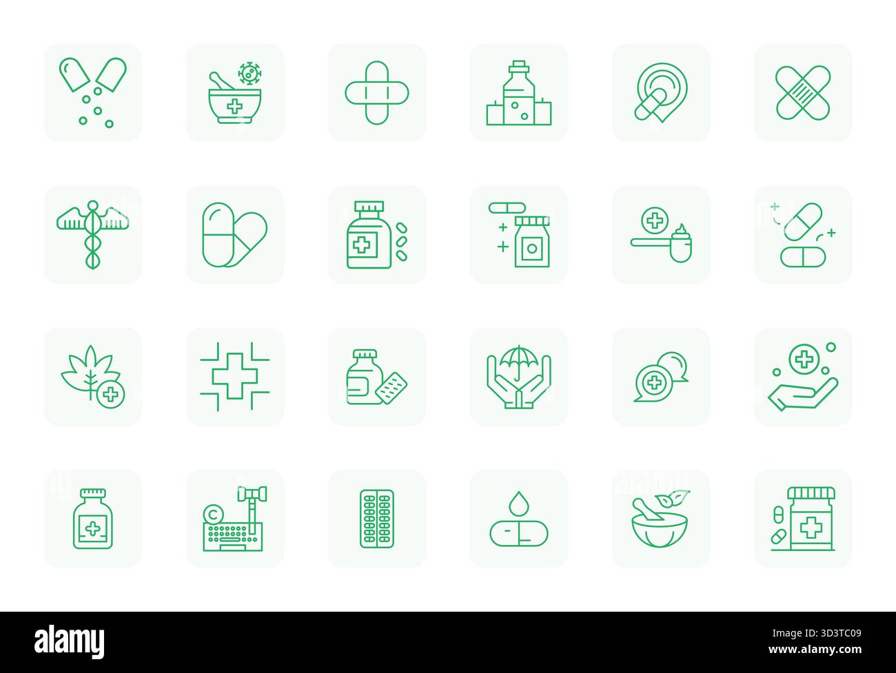 24 regelmäßige Vektorsymbole für Remedy mit hoher Auflösung im Raster für eine konsistente Markendarstellung wurden sorgfältig zusammengestellt Stock Vektor