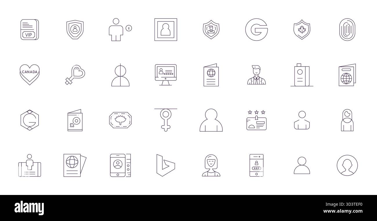 Wunderschön gerenderte 32 Thin Line Detail Enhanced Vektorsymbole für Identität, erstellt mit einer Auflösung von 128x128 für eine beeindruckende visuelle Konsistenz auf allen Ebenen Stock Vektor