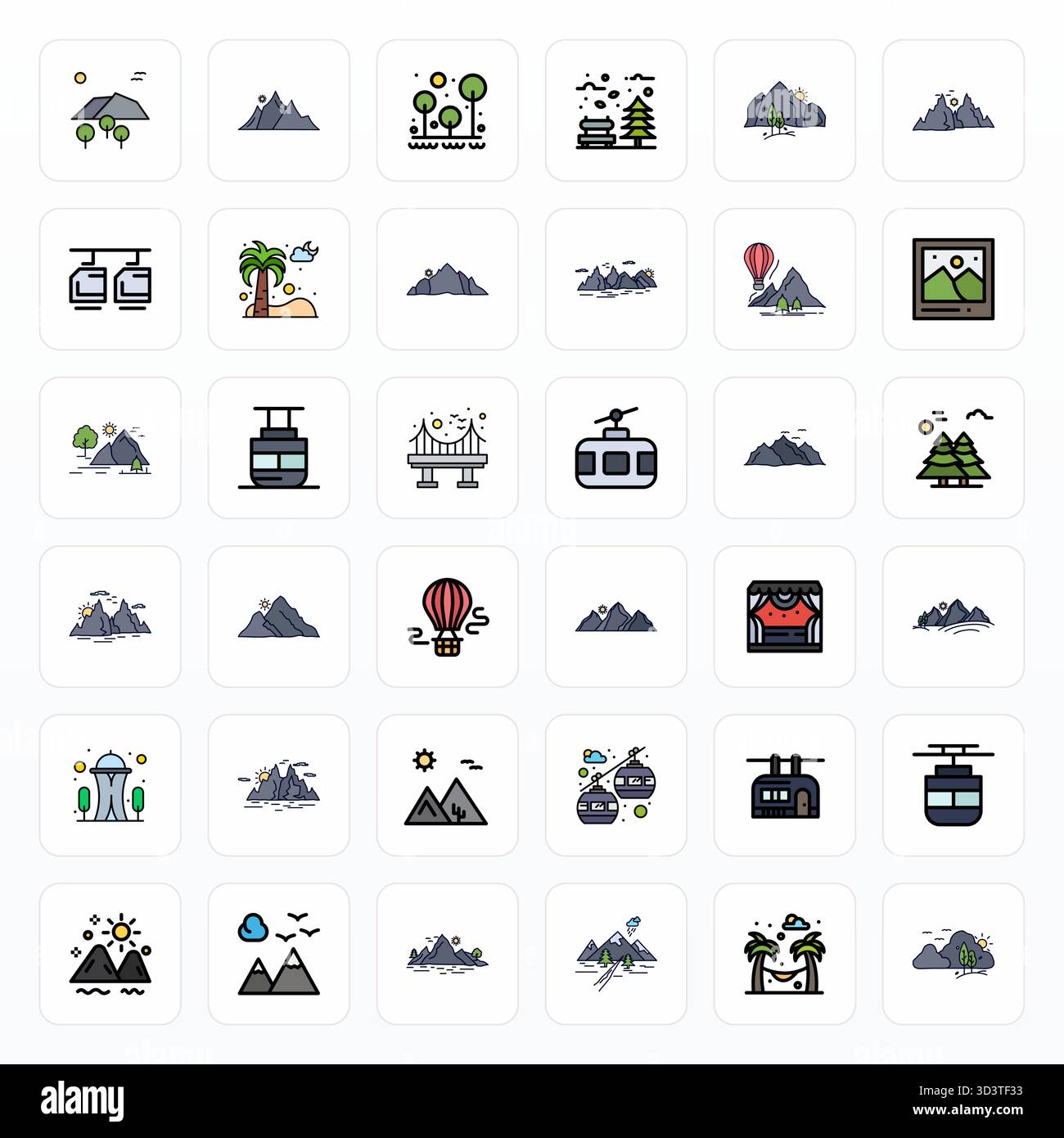 Sorgfältig kuratierte 36 gefüllte Linien-Vektorsymbole für Scenic, mit einer Auflösung von 64x64 für eine konsistente Markendarstellung und Benutzerfreundlichkeit Stock Vektor