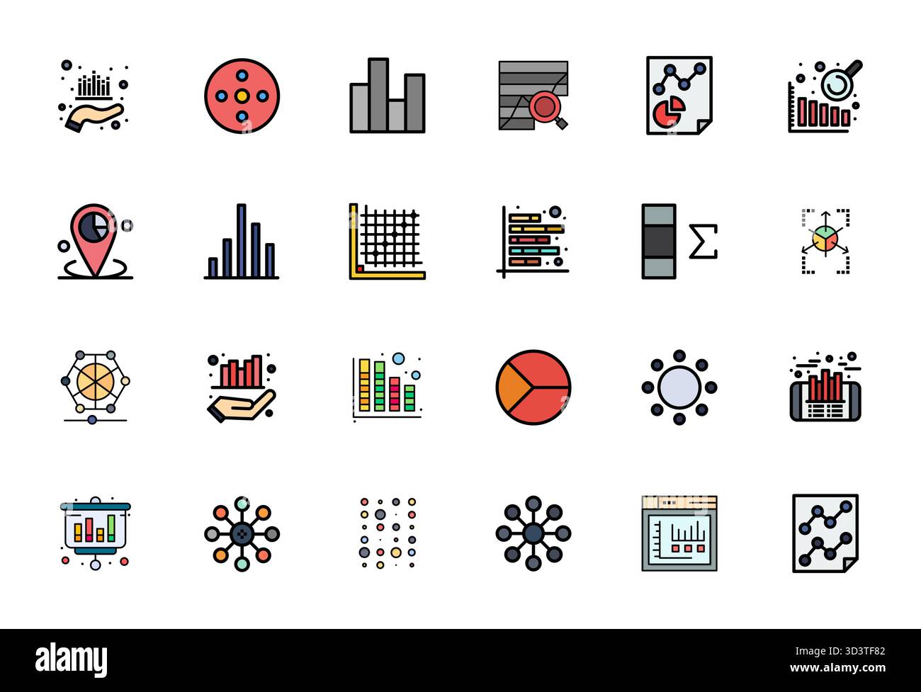 Dieses Datenpunkte-Vektor-Icon-Paket enthält 24 Designs mit flacher Linie im perfekten Format von 64x64 PIXELN, perfekt für die Verbesserung digitaler Schnittstellen. Stock Vektor