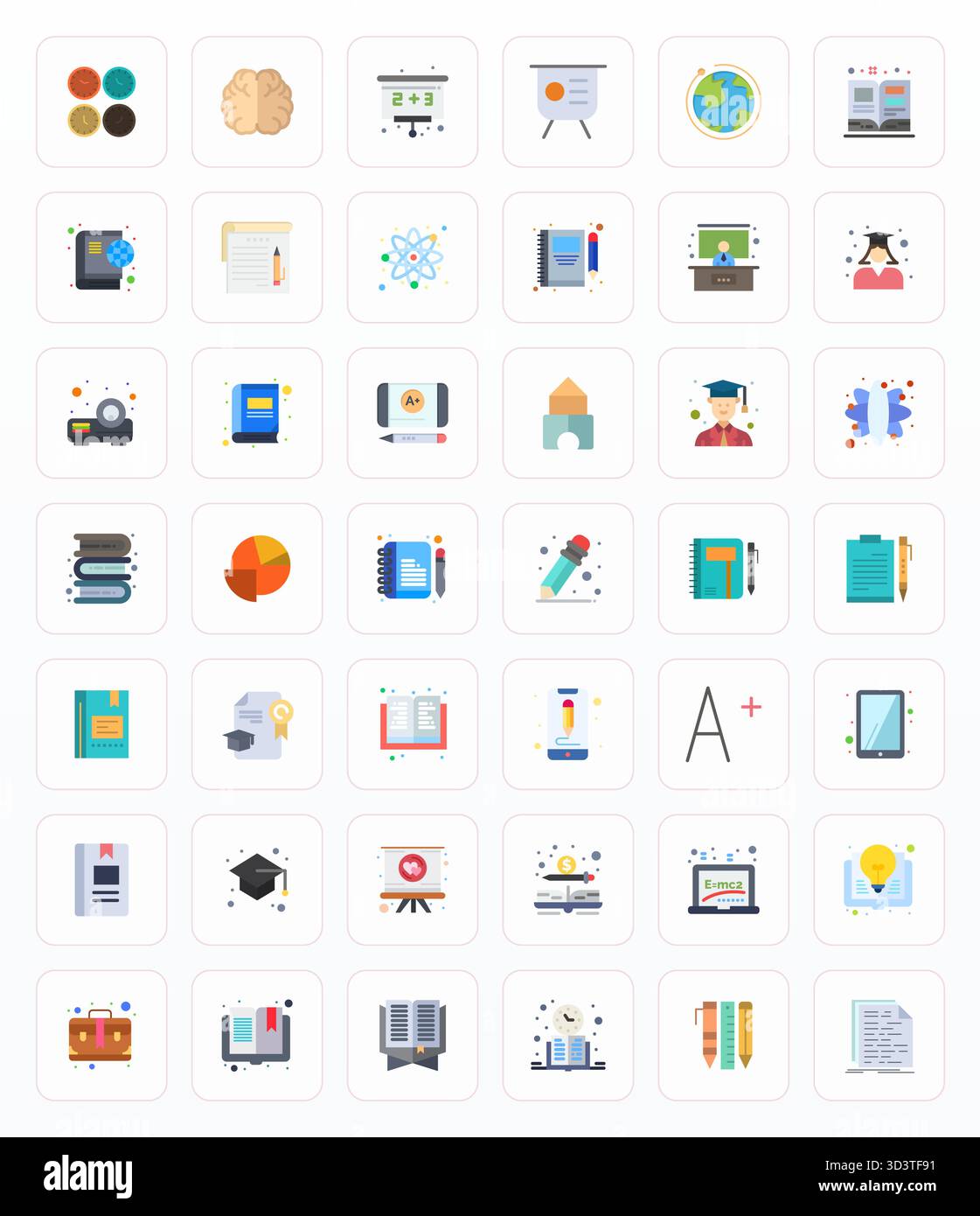 Raffiniertes Paket mit 42 flachen Vektorsymbolen für den Bildungsbereich, optimiert mit 64x64 bearbeitbarer Qualität für elegante und funktionale Designlösungen. Stock Vektor