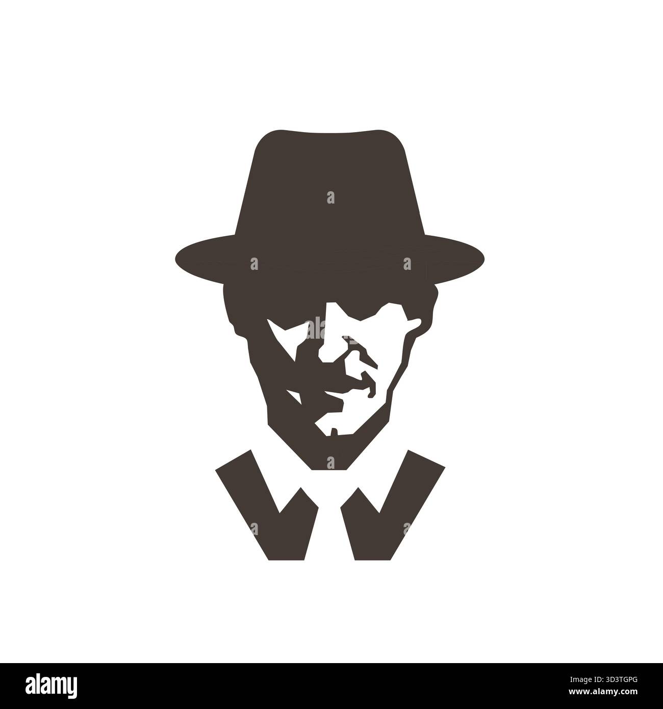 Detective Spion Mann Logo Vektor Illustration Gesicht mit Fedora Hut. Stock Vektor