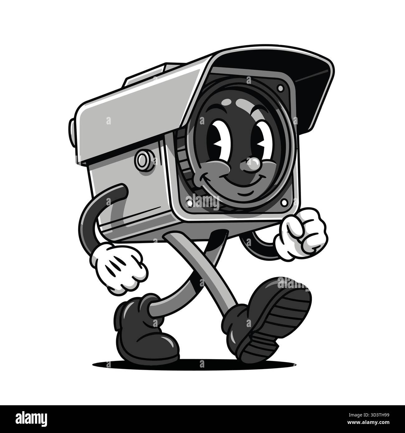 Glückliche CCTV Kamera Maskottchen Cartoon Vektor Illustration Gehen Retro Stock Vektor