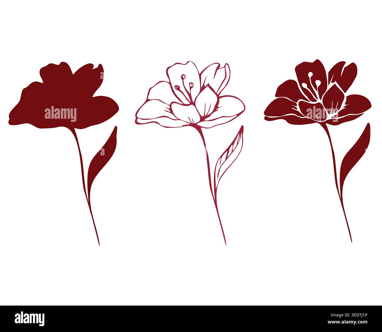 Set mit roten Blumenkonturen und Silhouetten Stock Vektor