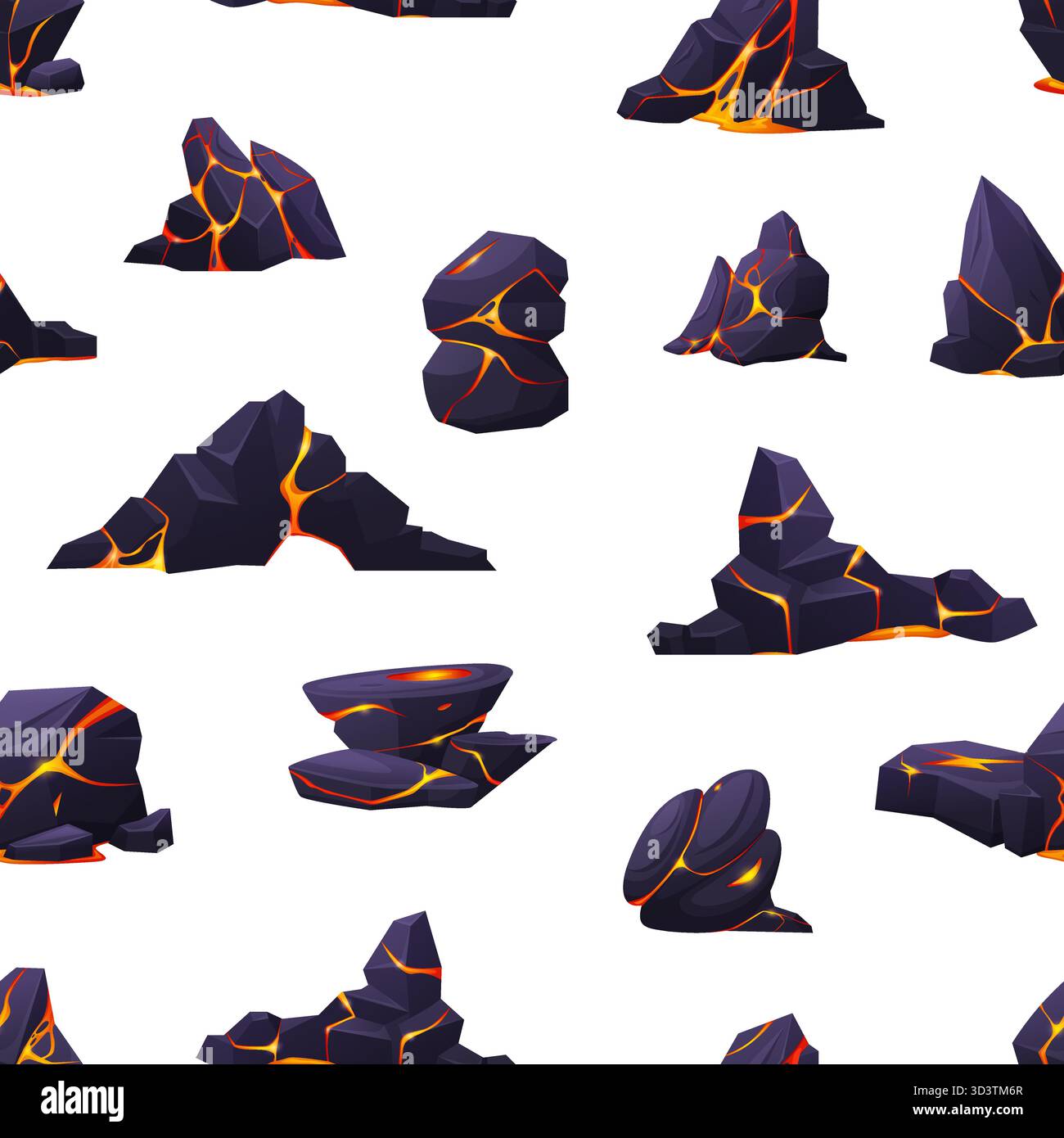 Lava erzeugt nahtlose Muster. Steine mit brennenden Bächen, vulkanische Naturelemente. Bergmotiv, Stofftapete. Natürlicher Vektor im Hintergrund Stock Vektor