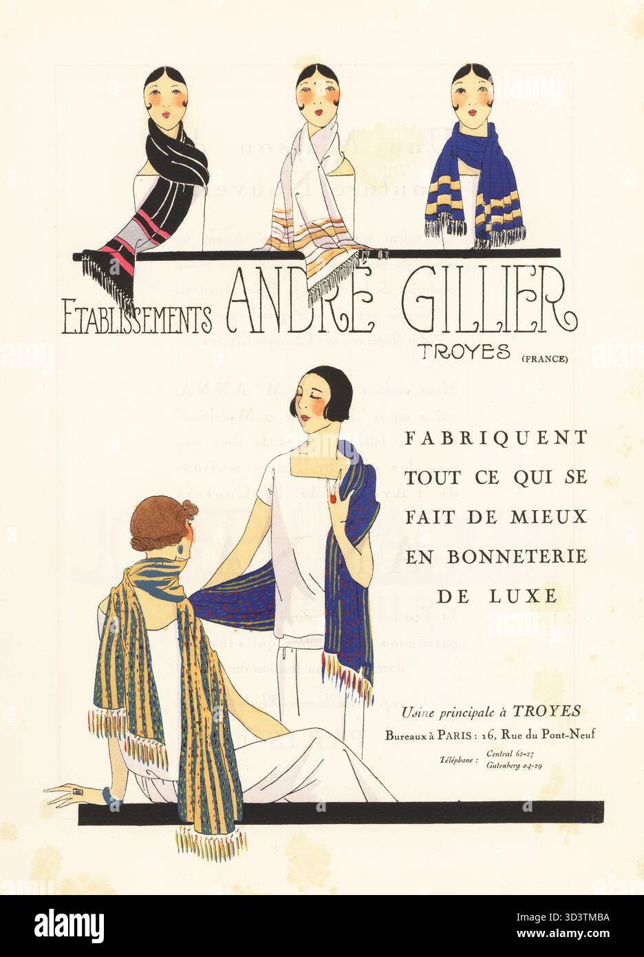 Magazinwerbung für Andre Gillier Schals, Troyes, 1926. Fünf Frauen mit kurzen bob-Haarschnitten und farbenfrohen Tüchern. Gillier übernahm das Textilgeschäft der Familie und gründete später JIL and Lacoste. Handkolorierte Pochoir-Lithographie aus Art, Gicht, Beaute, herausgegeben von der Modezeitschrift AGB, Lyon, Februar 1926. Stockfoto