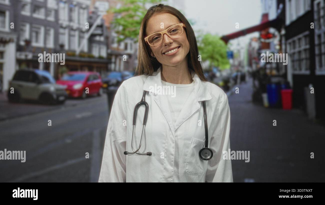 Frau Ärztin mit Stethoskop, Augen geschlossen und leichtes Lächeln auf der Straße in der Stadt; ruhiges Mitgefühl leise Stärke. Stockfoto