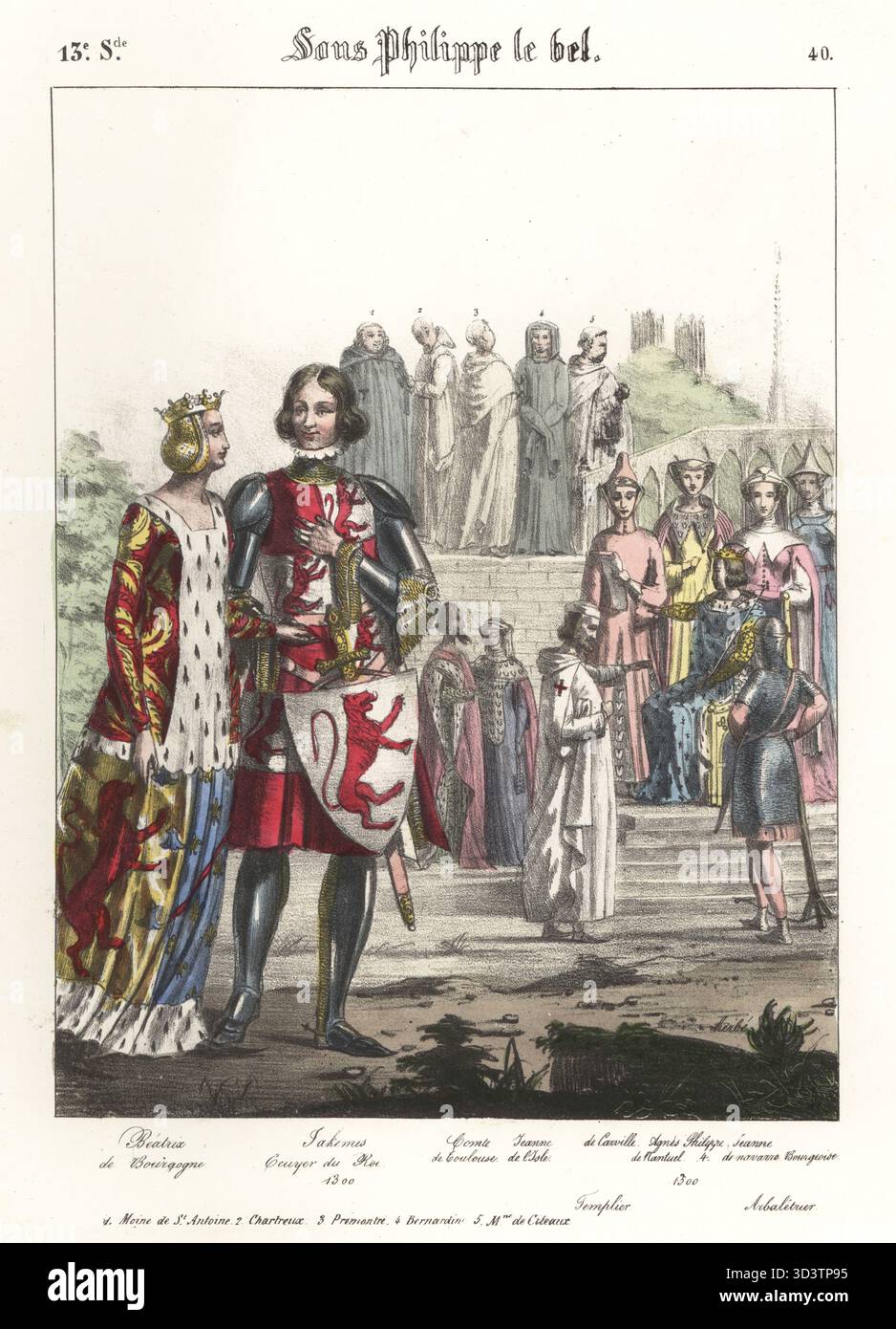 Beatrice, Lady of Burgund, im Wappen, 1257-1310, und Jakemes Loucart, squire zum König, in Plattenrüstung mit pranggeziertem tabard und Schild, 1300. Mit König Philipp IV. Von Frankreich, seiner Frau Joan I. von Navarra, Agnes von Mantuel und anderen Adligen. Beatrix de Bourgogne, Jakemes Ecuyer du ROI, Comte de Toulouse, Jeanne de l'Isle, de Carville, Agnes de Nantuel, Philippe 4, Jeanne de Navarre, Bourgeoise, Moine de St. Antoine, Chartreux, Premontre, Bernardin, Moine de Citeaux, Templier, Arbatlatrier. Sous Philippe le Bel, 13e Siecle. Handkolorierte Lithographie von Godard nach einer Illustration von C Stockfoto