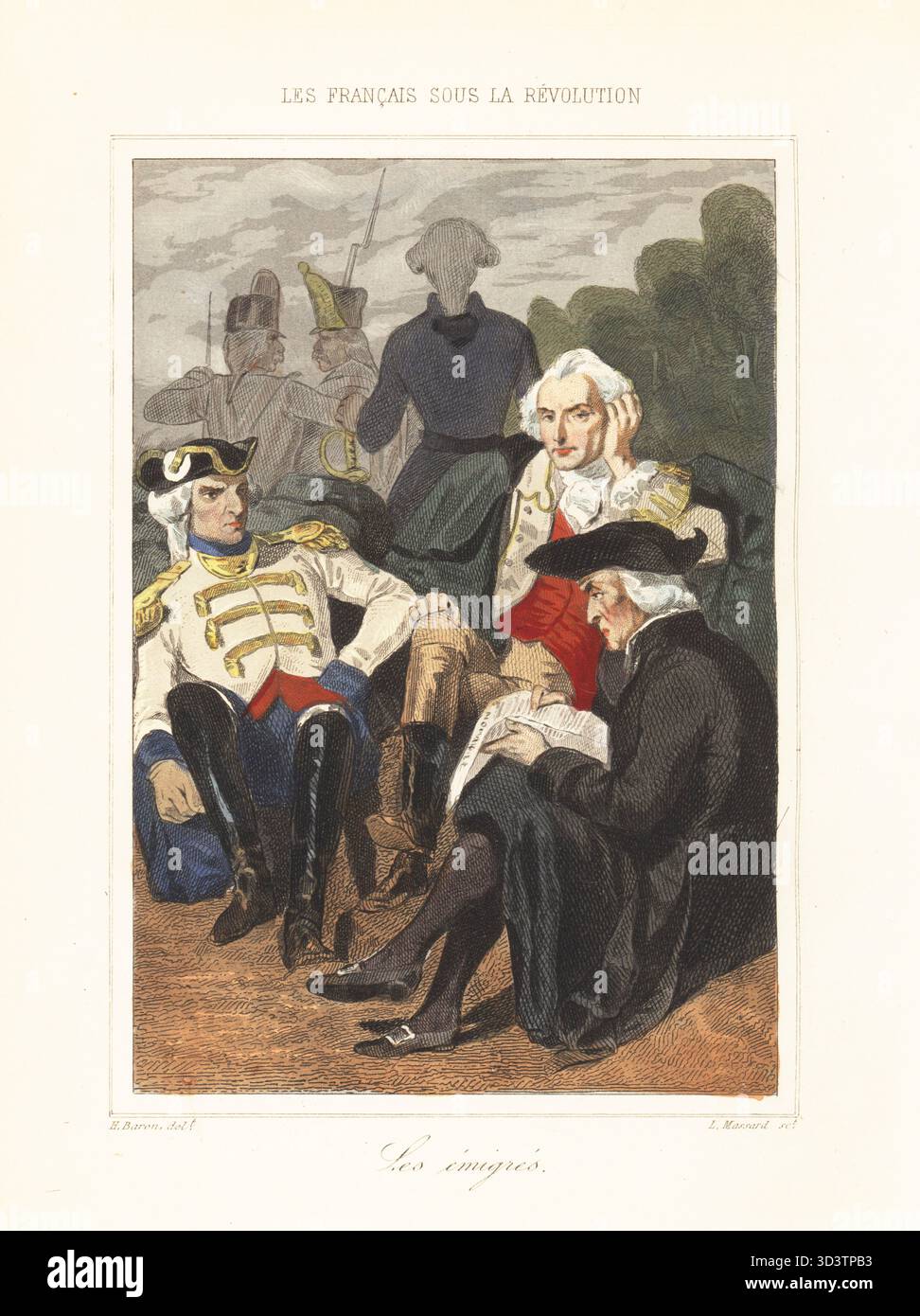 Adlige und Royalisten flüchteten während der Herrschaft des Terrors aus dem revolutionären Frankreich nach Koblenz. Ein Offizier in Uniform, ein Aristokrat und ein Mann in Schnallenschuhen, der eine Zeitung liest, ruht auf ihrem Gepäck auf der Straße. Les emigres. Handkolorierter Stahlstich von Leopold Massard nach einer Illustration von Henri Baron aus Augustin Challamel und Wilhelm Tenint's Les Francais sous la Revolution, die Franzosen unter der Revolution, Challamel, Paris, 1843. Stockfoto
